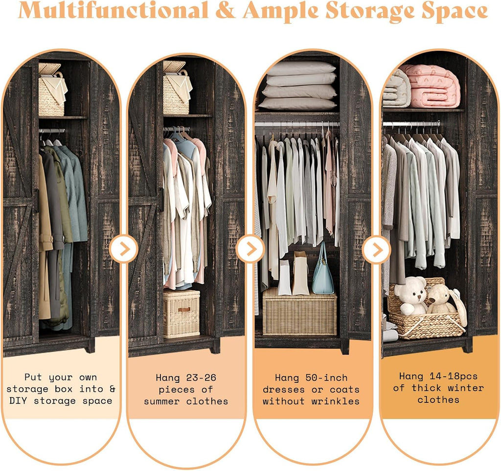 AMERLIFE Farmhouse Armoire Wardrobe Closet with 2 Barn Doors, 71'' Storage Cabinet with Hanging Rod & Shelf, Versatile Clothing Storage for Bedroom, Black Oak