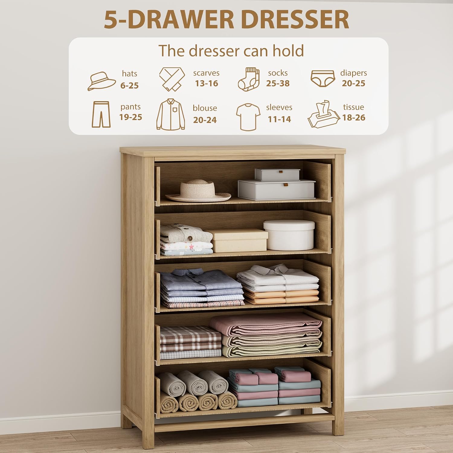 IDEALHOUSE Rattan Dresser for Bedroom with 5 Drawers, 45'' Tall Chest of Large Drawers with Large Clothes Storage Cabinet, Wood Bedroom Dresser, TV Stand for Nursery, Living Room, Enterway