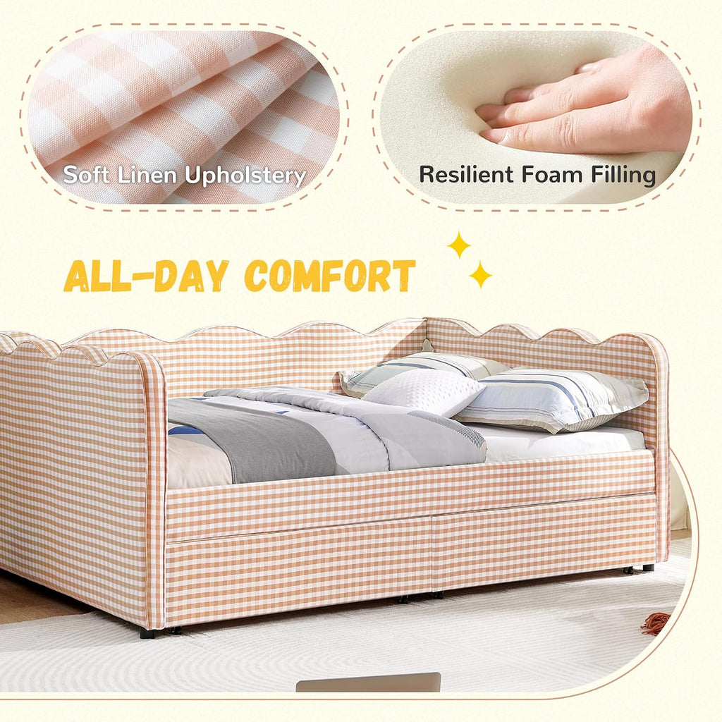 DEINPPA Full Size Upholstered Daybed with 2 Storage Drawers, Gingham Daybed with USB Ports for Bedroom Living Room Guest Room-Pink