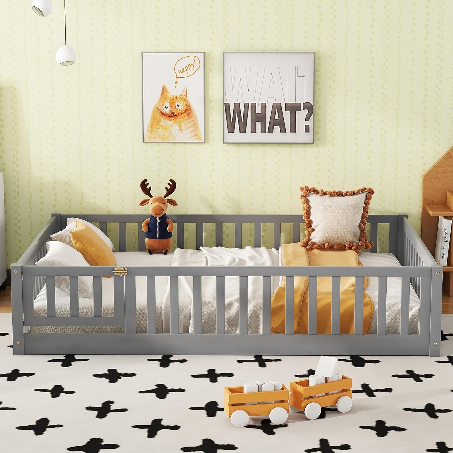 Full Size Floor Bed with Door and Fence for Kids, Montessori Floor Bed with Slats and Safety Guardrails,Solid Wood Floor Bed Frame Full Size for Girls Boys(Full,Gray)