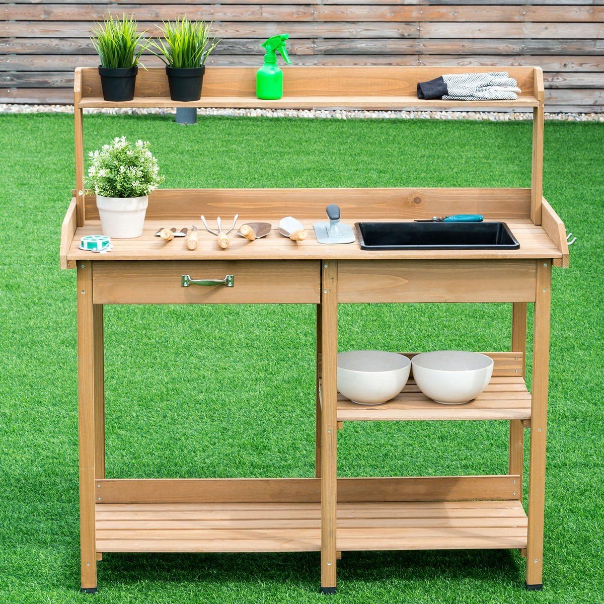 Wood Potting Bench Table Plant Stand Work Station Garden Lawn Patio with Ebook