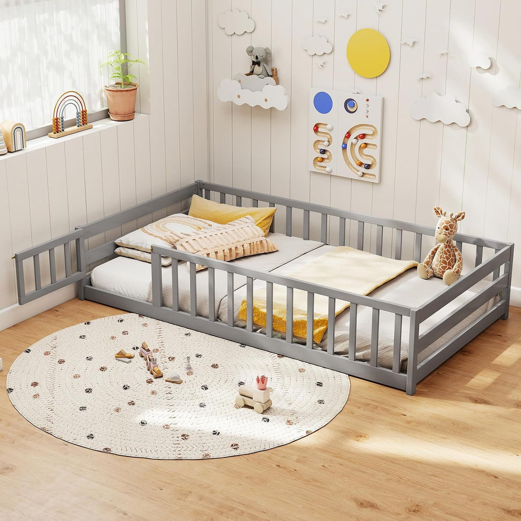 KOMFOTT Twin Size Wood Floor Bed with Door & Fence, Montessori Bed Frame with Full Length Safety Guardrails, Door & Latch, Wooden Montessori Floor Bed for Kids, Girls, Boys (Grey, Twin)