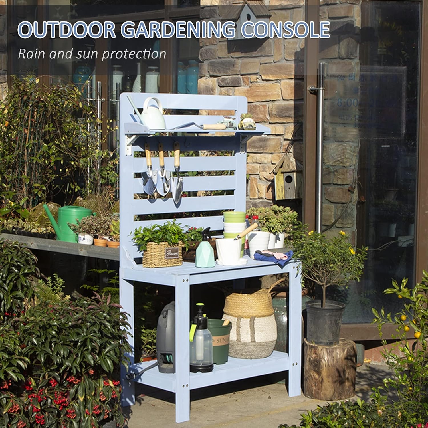 Potting Bench Garden Table for Outdoors Solid Wooden Work Station Gardening Bench Potting Table with Hooks (Color : Blue, Size : 90x45x165cm)