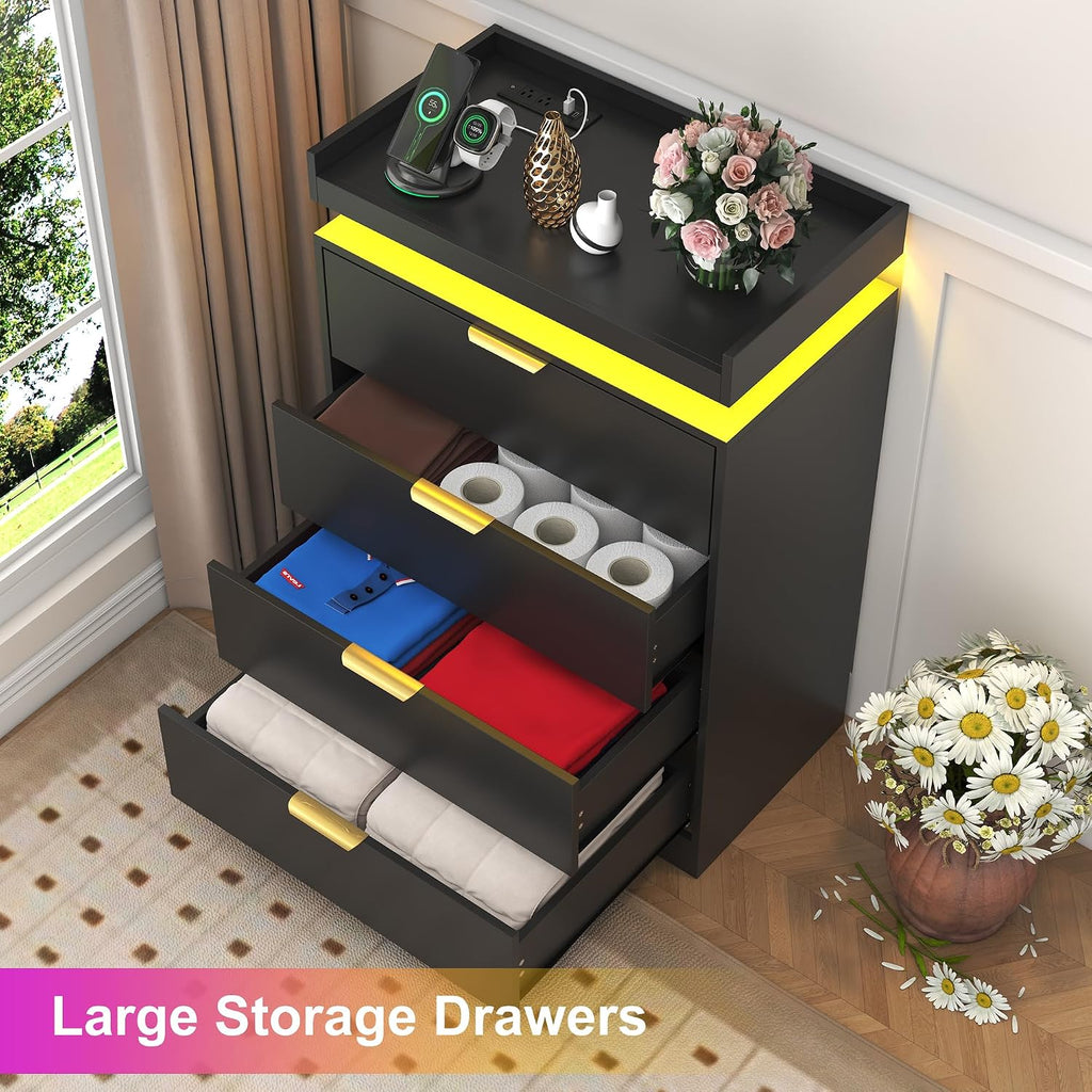 knoworld Black Dresser with LED Lights, Wooden LED Dresser, 4 Drawer Chest with Charging Station, Tall Chest of Drawer Closet Organizer for Bedroom, Living Room, Entryway, Hallway