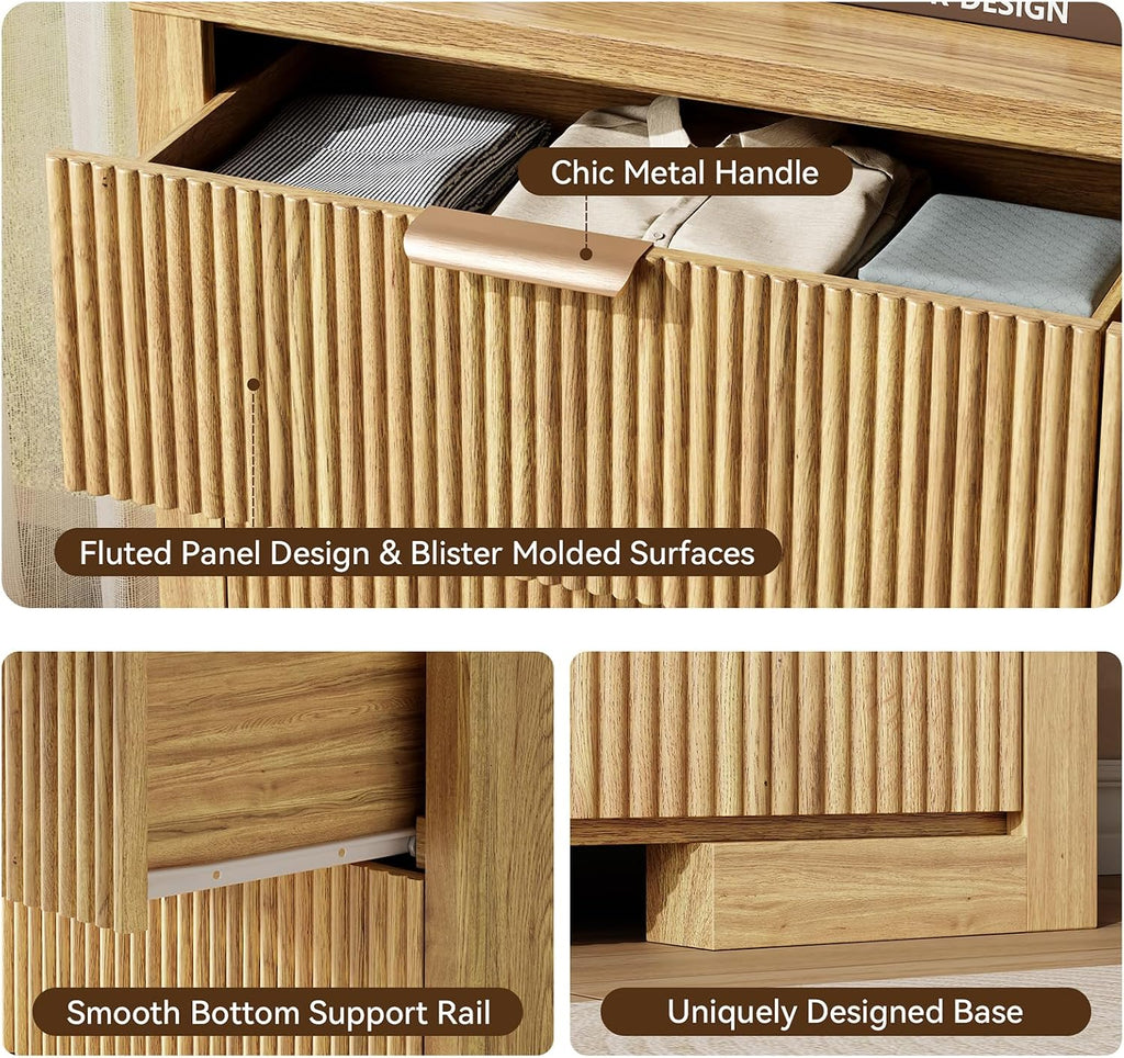 Fluted 6 Drawers Dresser for Bedroom, 54' Modern Chest of Drawers with Metal Handle, Wood Closet Clothes Storage Organizer for Living Room, Hallway, Entryway, Natural Oak
