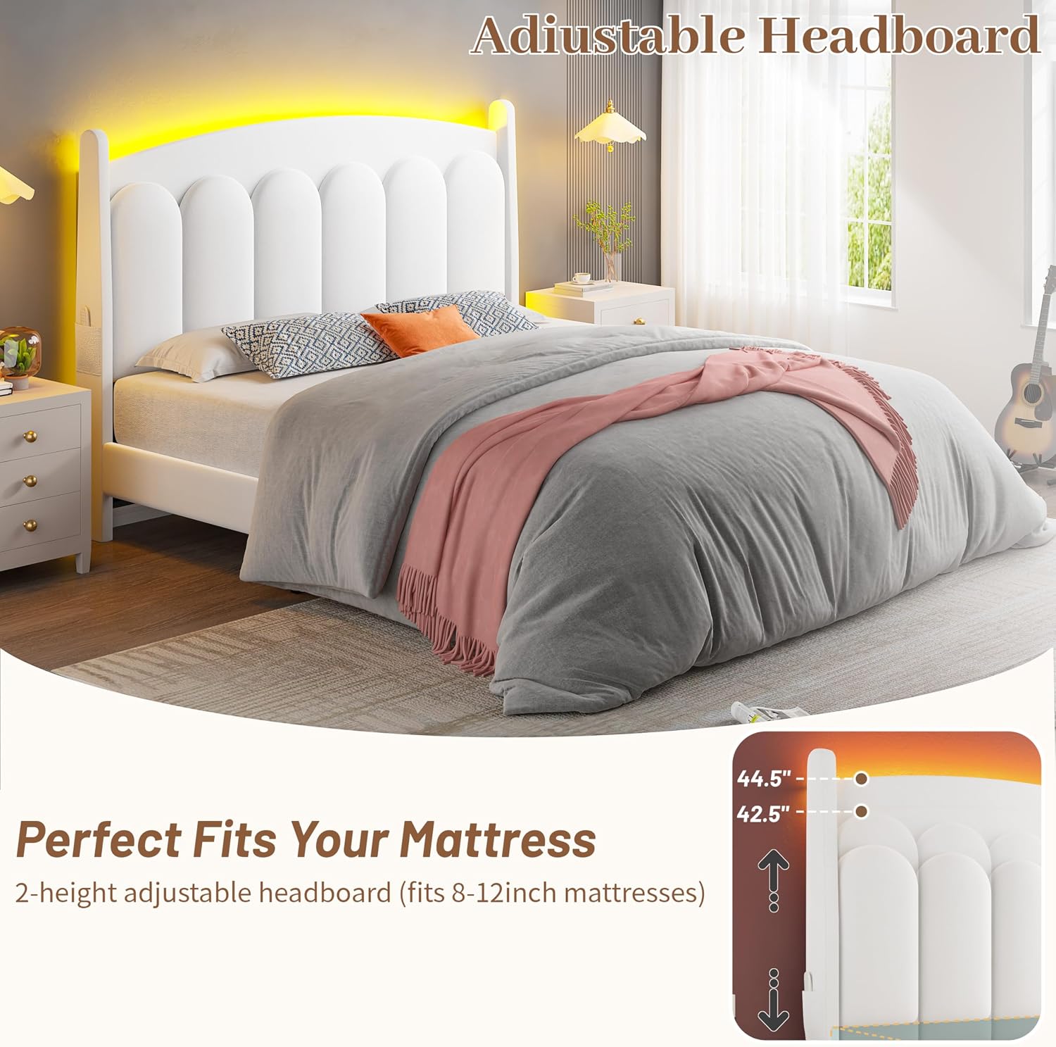 CypBed Full Size Bed Frame with Headboard LED Lights, Velvet Upholstered Full Size Bed, Adjustable Platform Full Bed, Sturdy Wooden Slats Support,No Box Spring Needed/Easy Assembly/White,Gifts