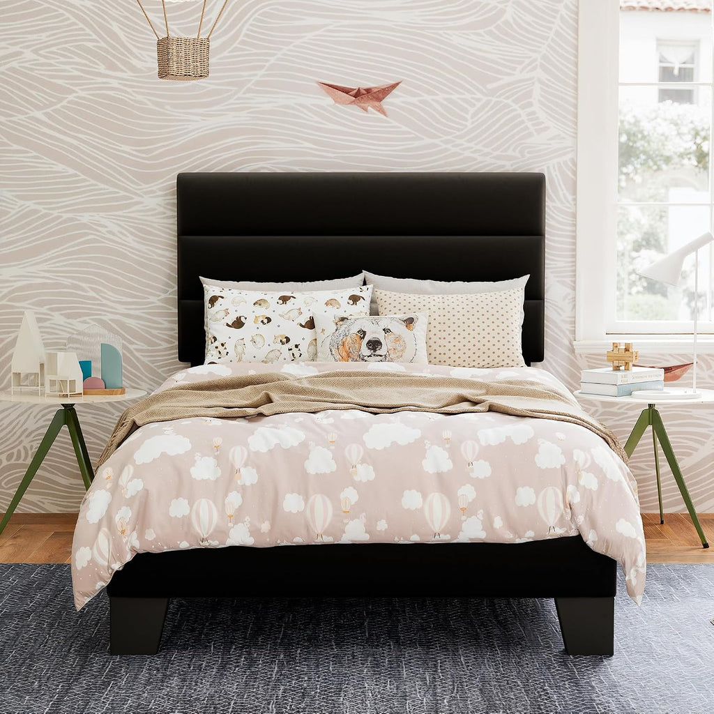 GOLDORO Twin Size Platform Bed Frame with Upholstered Headboard, Wooden Slats Support, No Box Spring Needed, Easy Assembly, Black