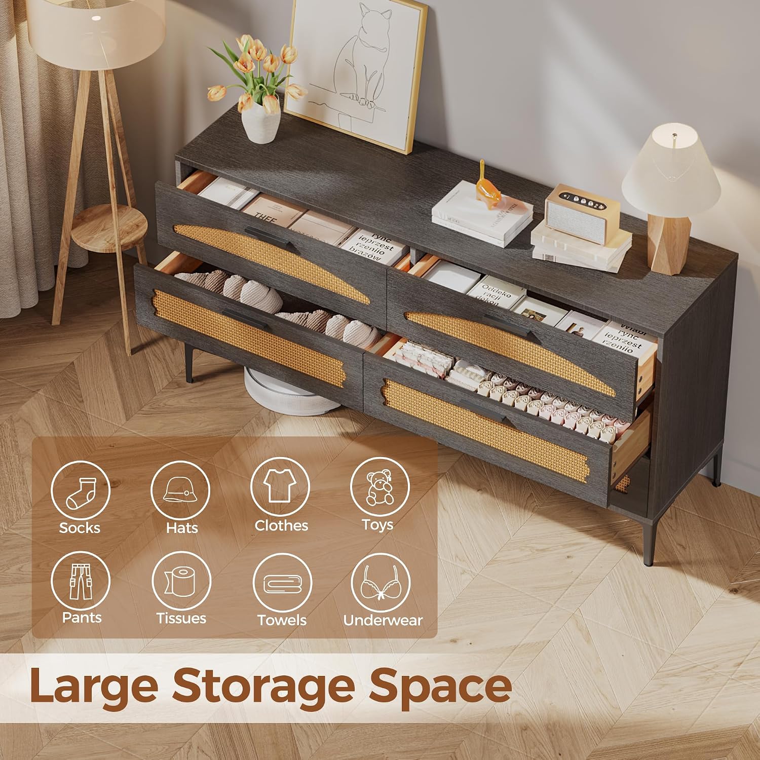 Mericonia 6 Drawer Double Dresser for Bedroom, Wood Rattan Dresser for Closet with Metal Legs, Boho TV Stand with Drawers, Dressers & Chests of Drawers for Bedroom, Hallway and Entryway, Black