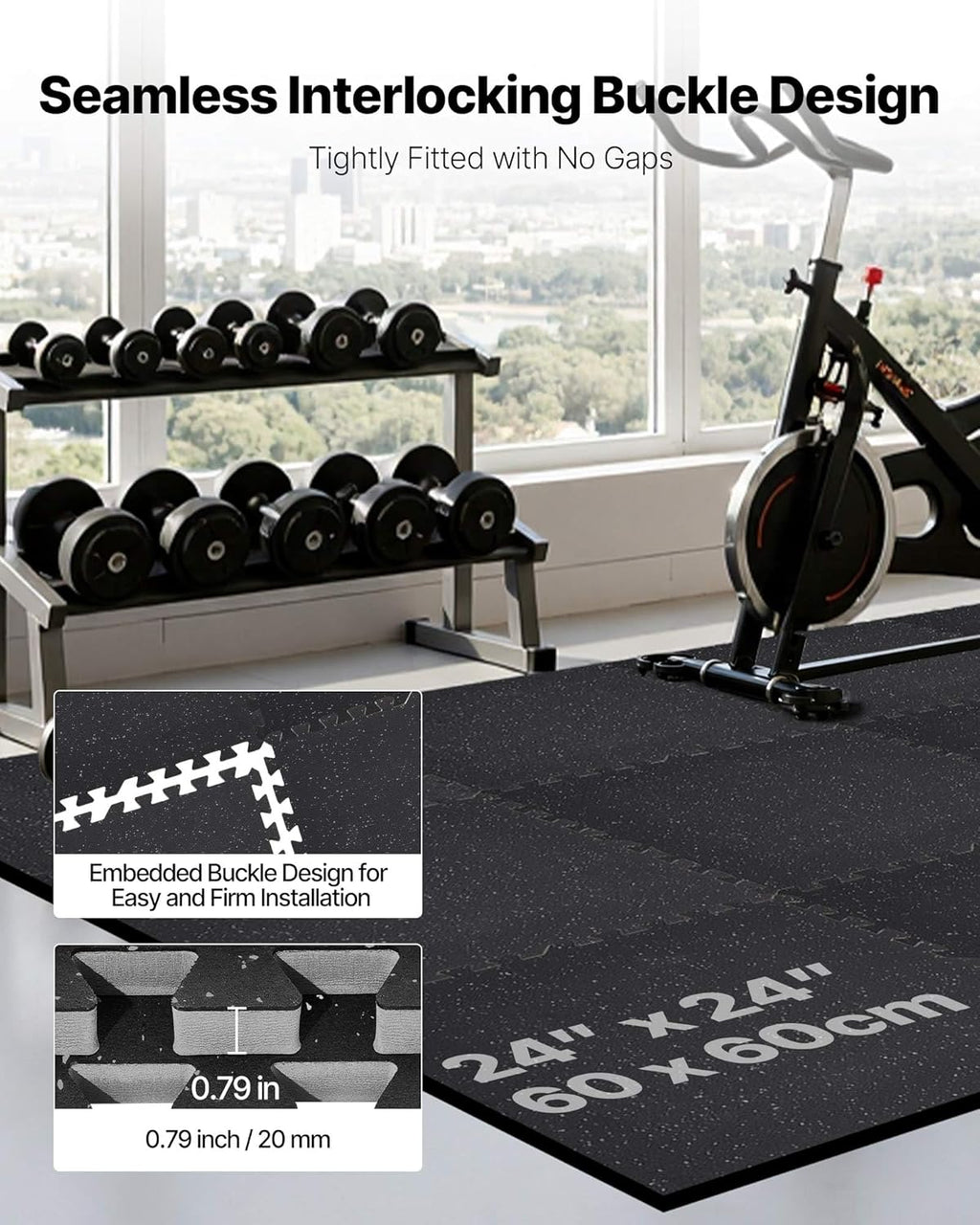 VEVOR 0.79Inch 48sq.ft 12 Tiles Gym Flooring for Home Gym, Rubber Top with High Density EVA Foam, 24 x 24In Gym Floor Exercise Equipment Mats, Interlocking Gym Mats, Puzzle Workout Mats, Black & Gray