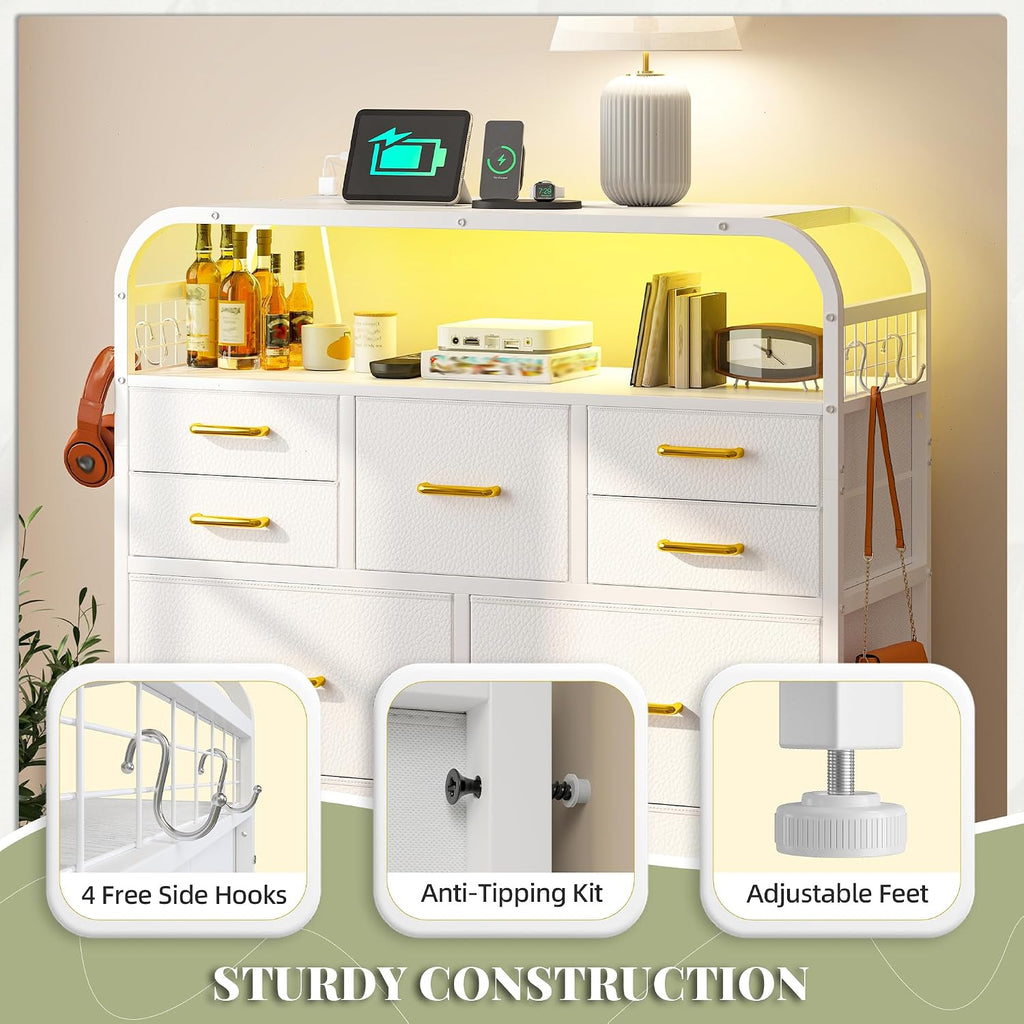 EnHomee 47' H Dressers & Chests of Drawers with LED Lights & Charging Station, Dresser for Bedroom with 11 Fabric Drawers & 4 Hooks & Open Shelves, Entryway, Hallway, Dorm White