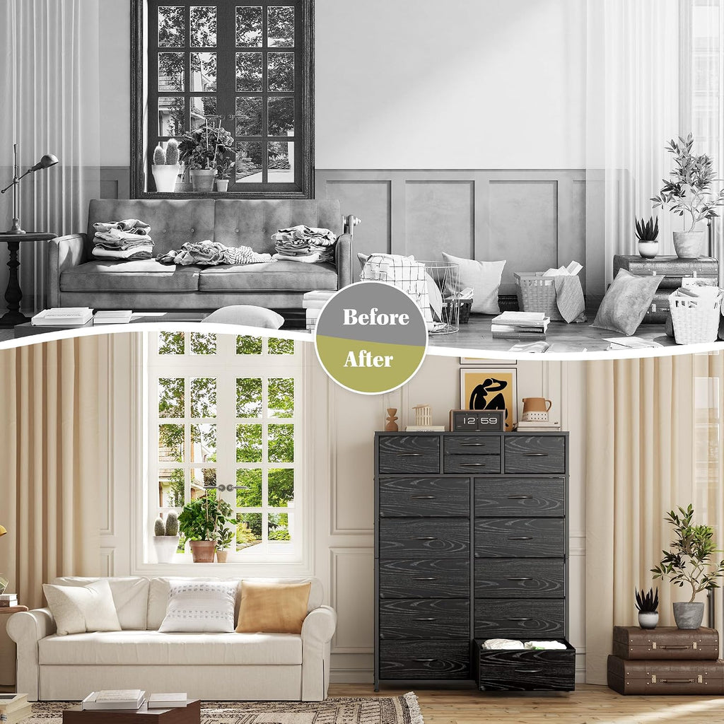 EnHomee Black Dresser with 10+4 Storage Drawers, Chest of Drawers, Sturdy Metal Frame & Wood Top, Bedroom, Hallway, Closets, Living Room, 52.2' H x 37.4' W x 11.8' D
