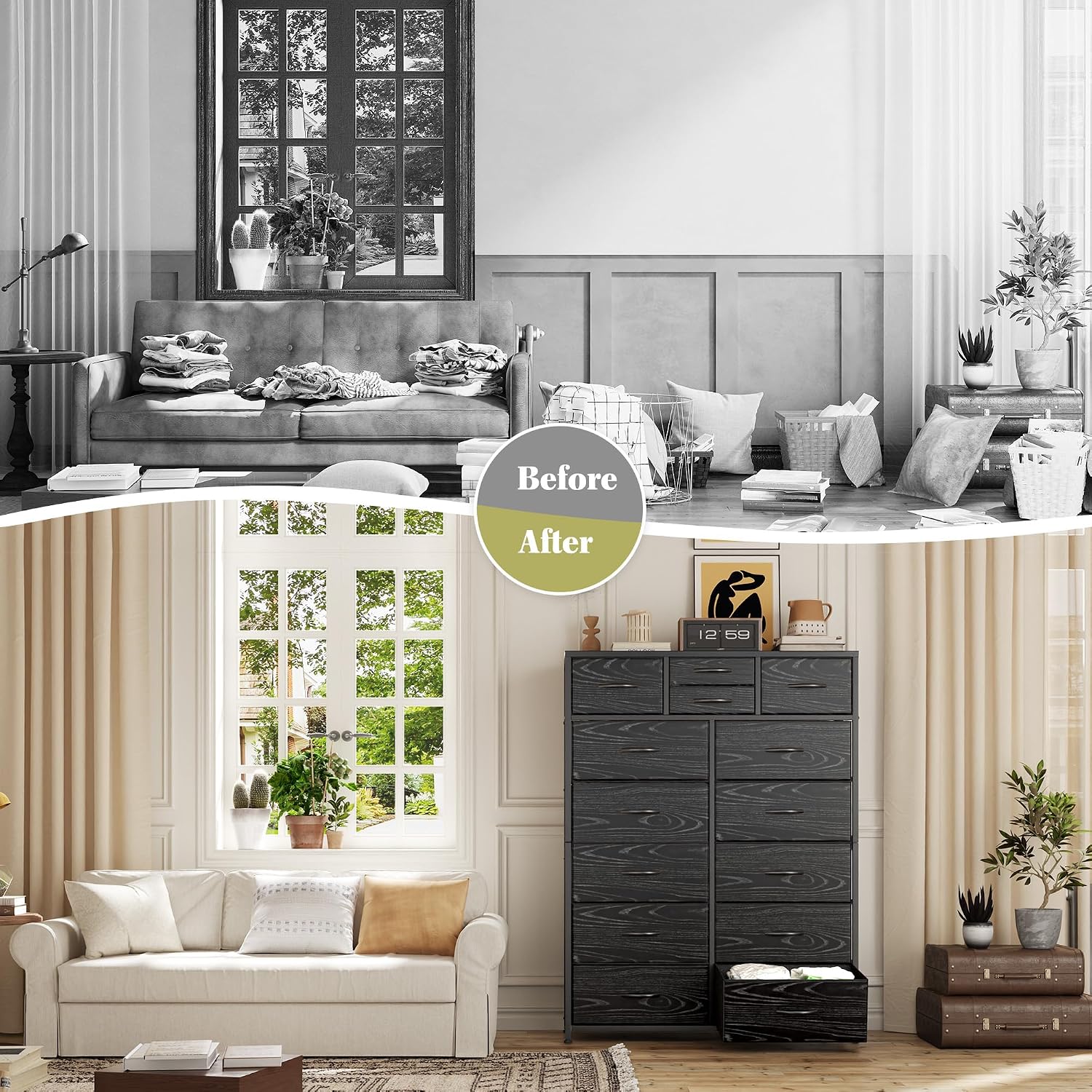 EnHomee Black Dresser with 10+4 Storage Drawers, Chest of Drawers, Sturdy Metal Frame & Wood Top, Bedroom, Hallway, Closets, Living Room, 52.2' H x 37.4' W x 11.8' D