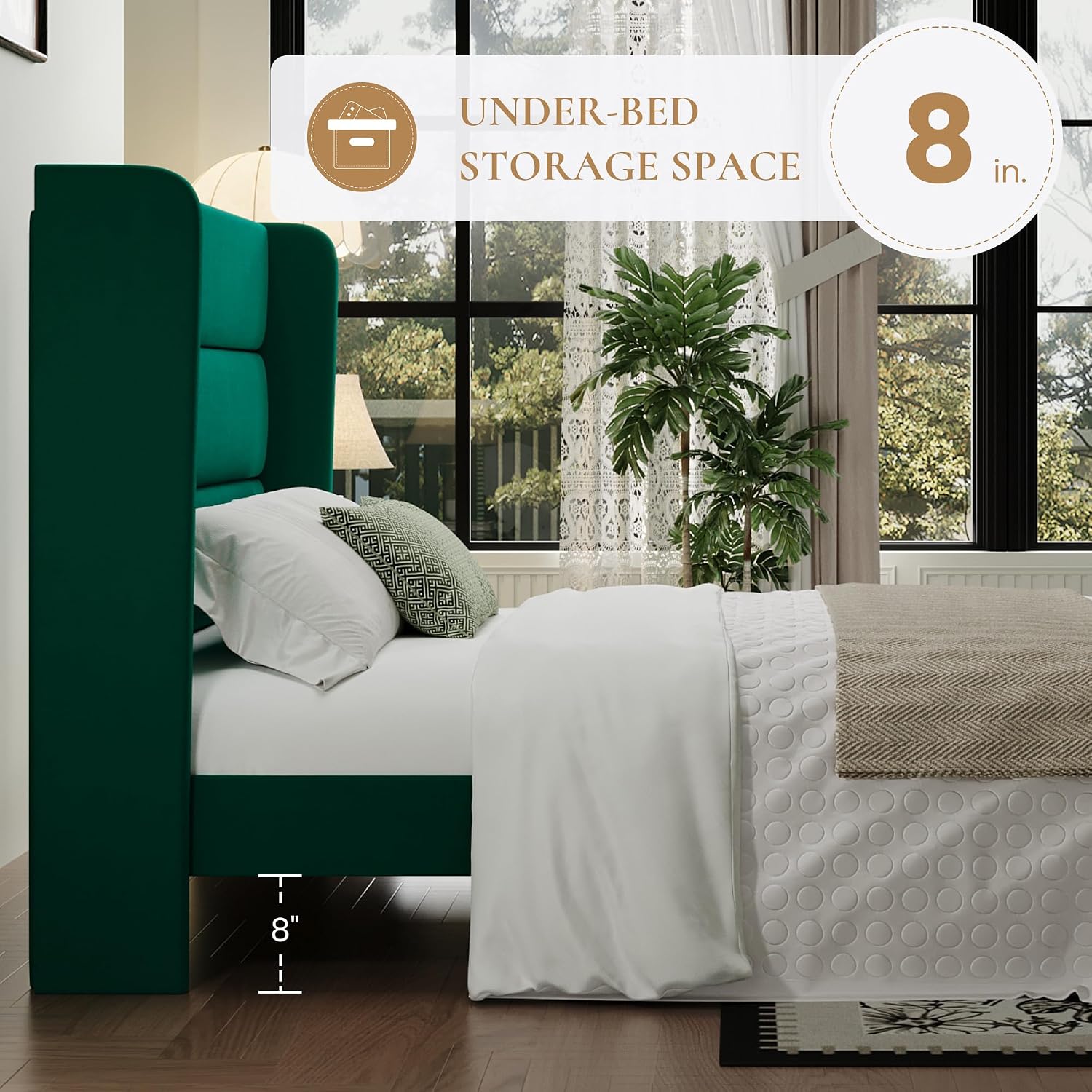 SHA CERLIN Full Size Velvet Bed Frame with Wingback Headboard/Upholstered Platform Bed with Wooden Slats/Mattress Foundation/No Box Spring Needed/Easy Assembly/Green