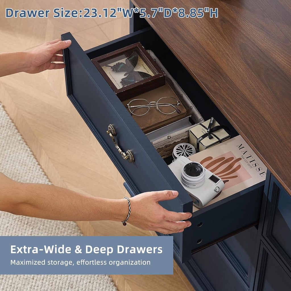 Joaxswe Farmhouse 6 Drawers Dresser for Bedroom, Vintage 54' Wide Chest of Drawers w/ 4 Wooden Legs, Rustic Large Closet Storage Dressers Organizer for Hallway, Wood TV Stand for Living Room, Blue