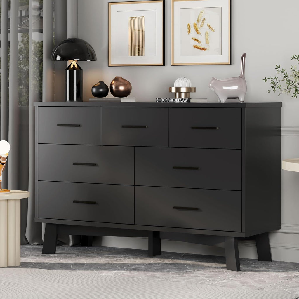 Xixini Dresser for Bedroom with 7 Drawer, Wood Modern Chest of Drawers with X-Shaped Sturdy Base, Wide Double Dresser Closet Clothes Storage Organizer, Wooden TV Stand for Living Room, Hallway, Black