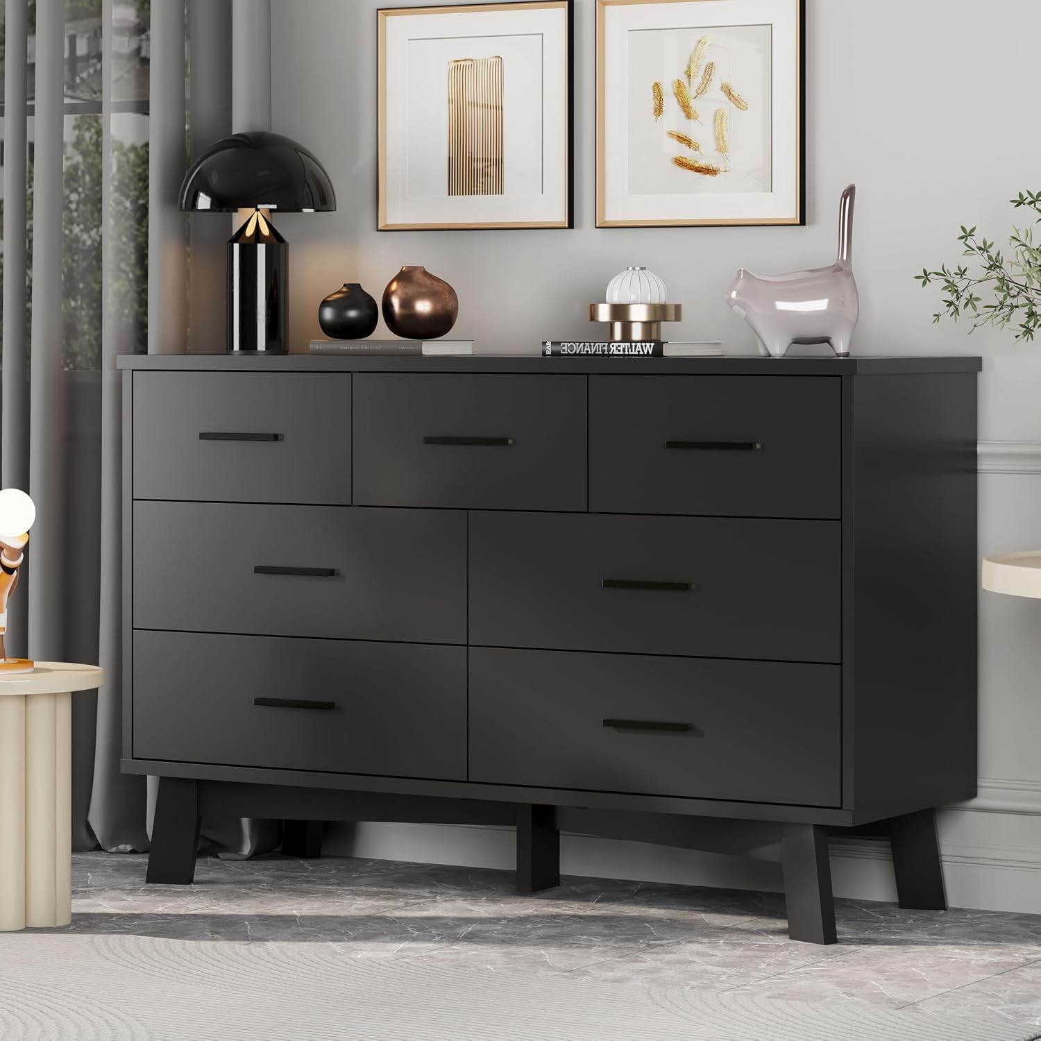 Xixini Dresser for Bedroom with 7 Drawer, Wood Modern Chest of Drawers with X-Shaped Sturdy Base, Wide Double Dresser Closet Clothes Storage Organizer, Wooden TV Stand for Living Room, Hallway, Black
