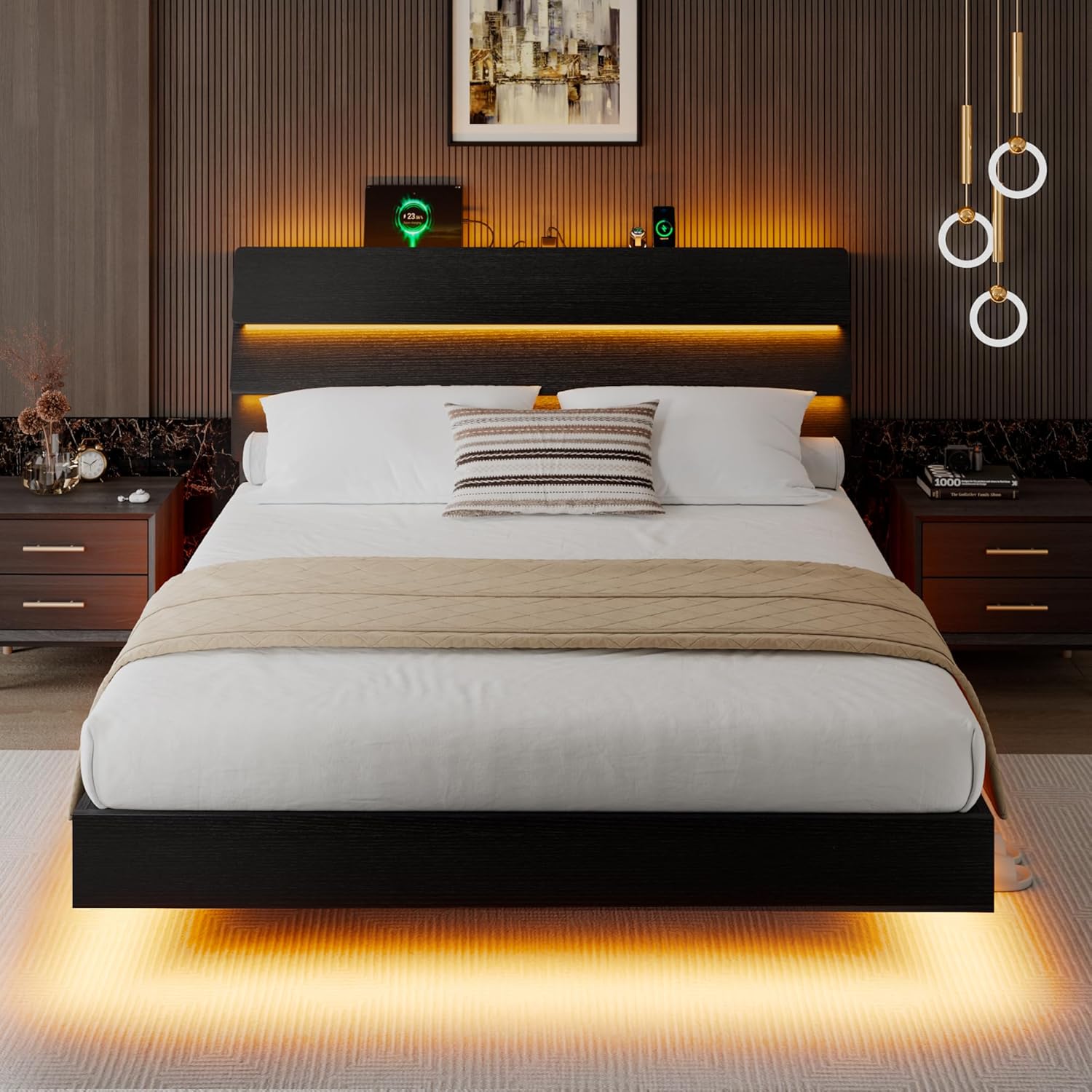 iPormis Floating Full Size Bed Frame with LED Lights & Charging Station, Platform Bed with Wooden Storage Headboard, Steel Slats Support, No Box Spring Needed, Easy Assembly, Noise-Free, Black