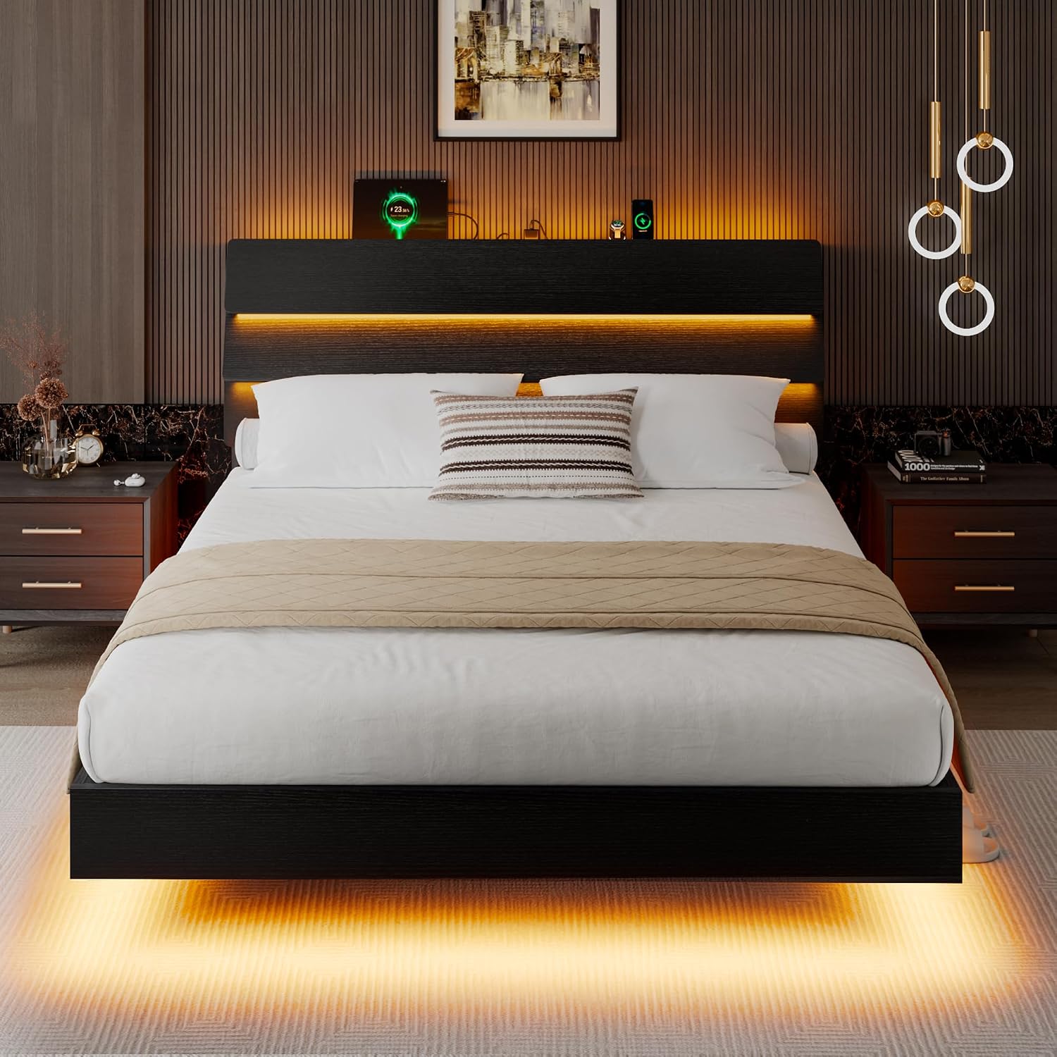 iPormis Queen Floating Bed Frame with LED Lights & Charging Station, Platform Bed with Wooden Storage Headboard, Steel Slats Support, No Box Spring Needed, Easy Assembly, Noise-Free, Black