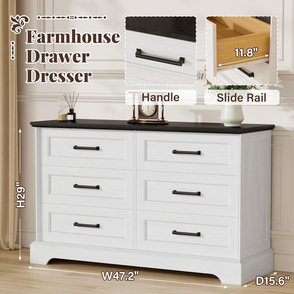 Furmax Farmhouse Dresser for Bedroom, 6 Drawers Dresser, Wood Chest of Drawers, 47.2' Wide Storage Dressers Organizer for Bedroom, Living Room, White and Black