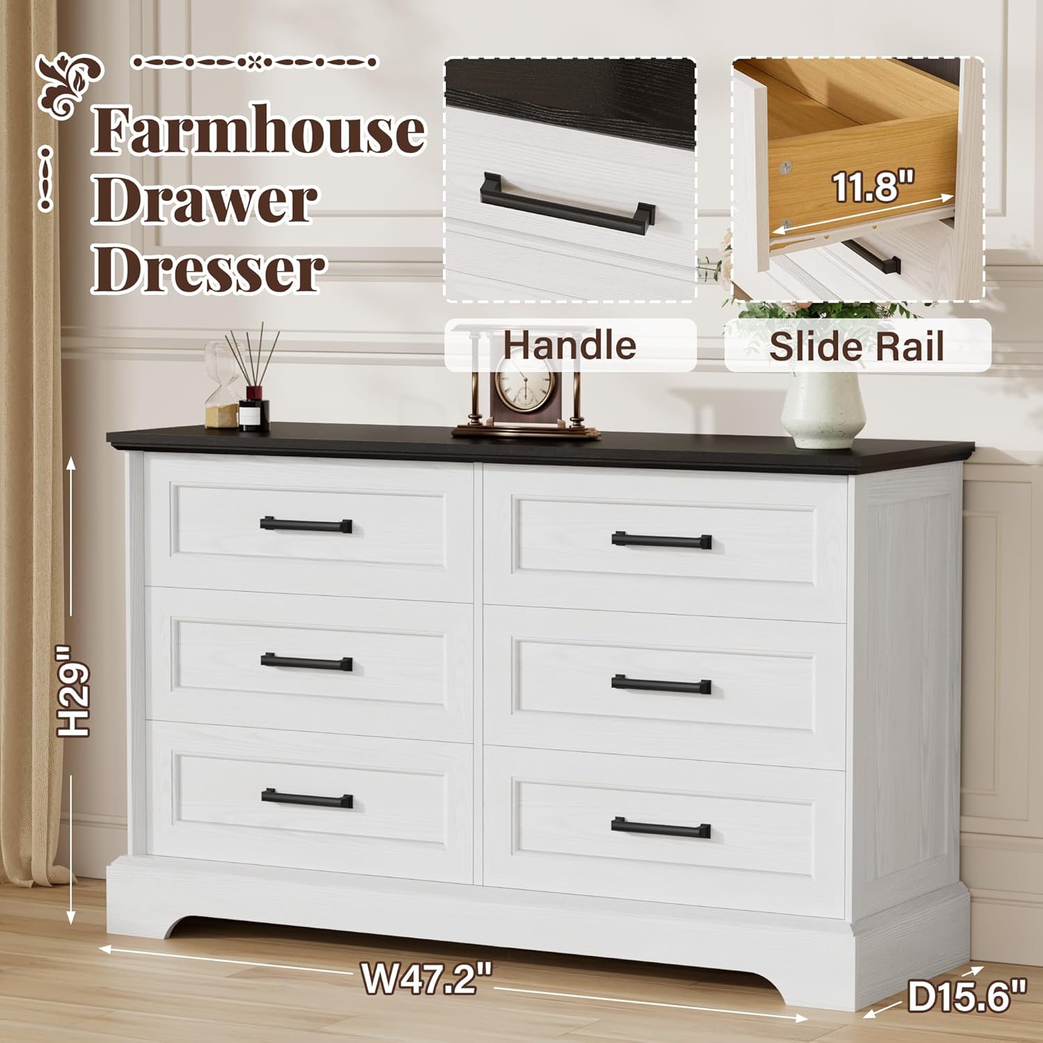 Furmax Farmhouse Dresser for Bedroom, 6 Drawers Dresser, Wood Chest of Drawers, 47.2' Wide Storage Dressers Organizer for Bedroom, Living Room, White and Black