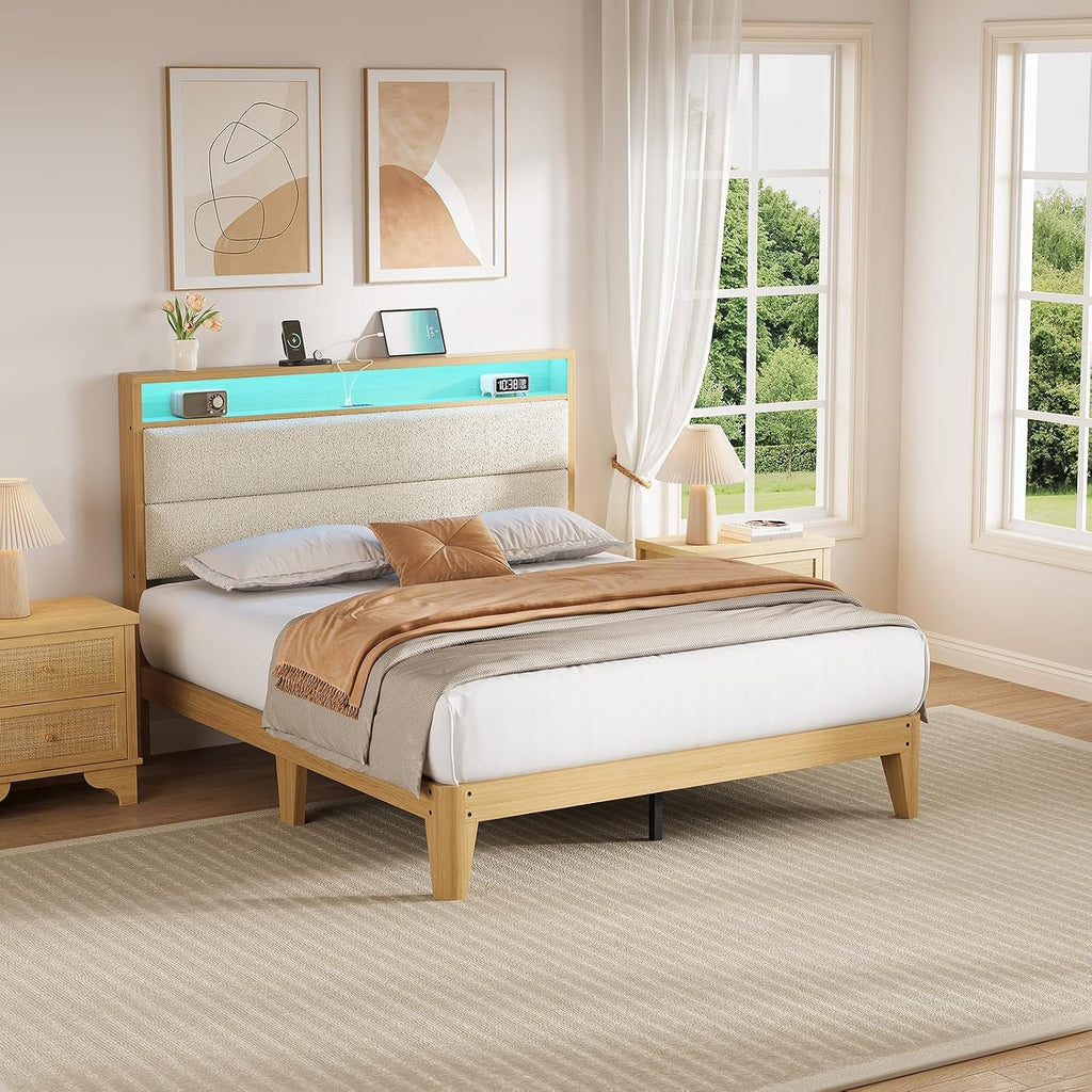 Garvee Full Size Bed Frame with Storage Headboard, LED Boucle Bed Frame with Charging Station, Upholstered Platform Bed, No Box Spring Needed, Easy Assembly, Wooden Slats, Cream
