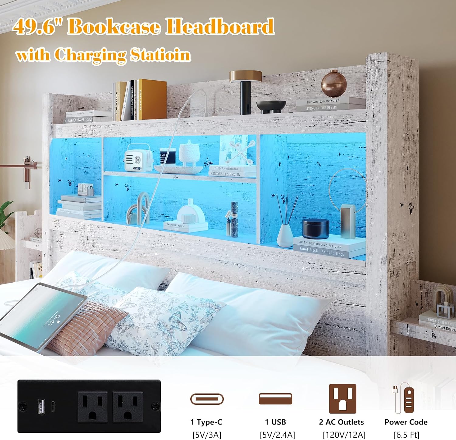 LUXOAK Full Bed Frame with 49.6' Bookcase Headboard & 2 Detachable Bedside Stoage Racks & 4 Drawers, Farmhouse Wood Bed Frame with RGB LED & Charging Station, No Box Spring Needed, Distressed White