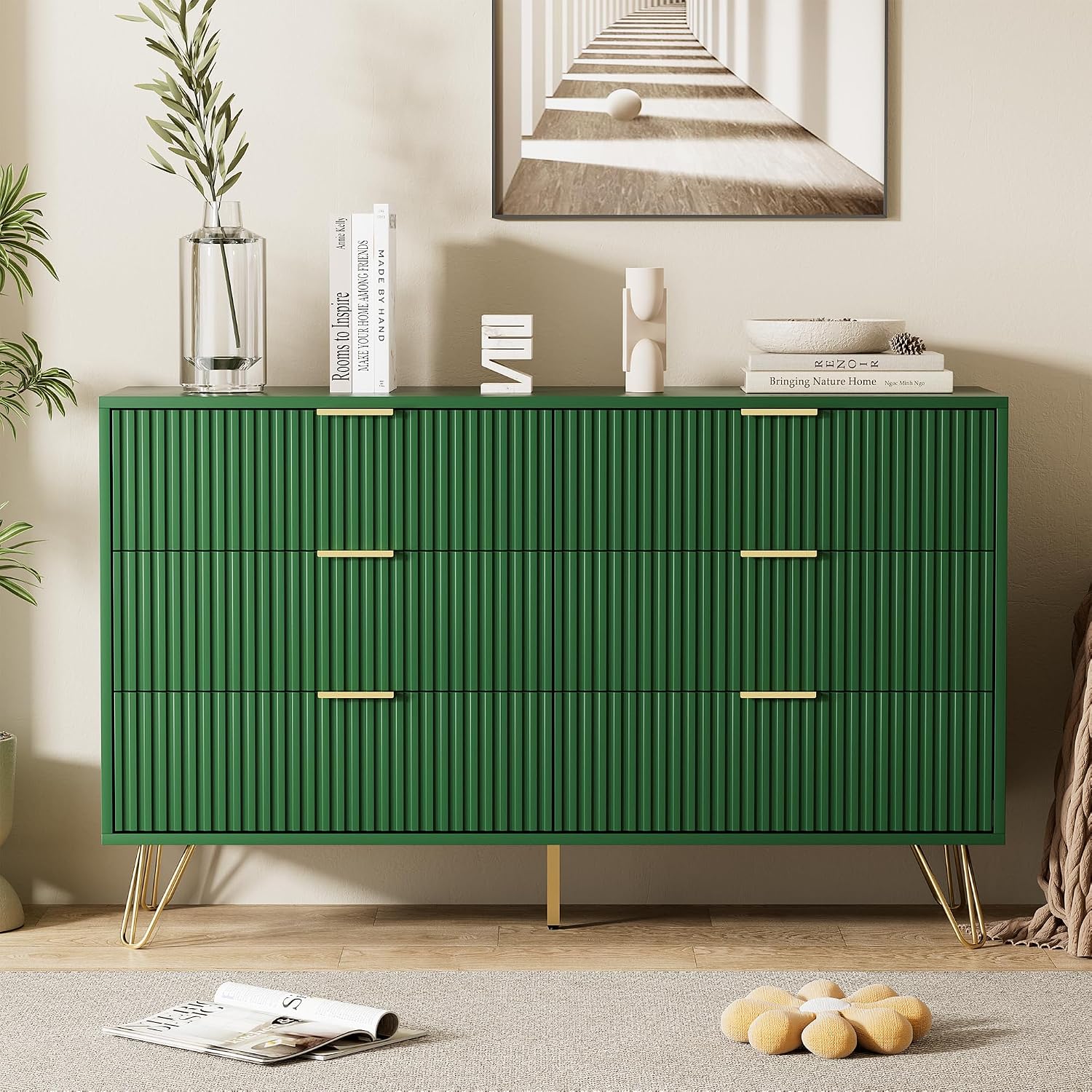 Furniway Green Dresser for Bedroom, Modern Dresser with Gold Metal Handles & Chests of Drawers for Bedroom, 15.7' D x 47.2' W x 29.5' H