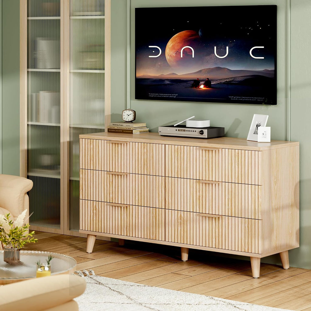 Lulive Dresser for Bedroom Wood Dressers Chest of Drawers, Fluted 53.2' Wide Modern Long Dresser TV Stand 6 Drawers for Bedroom, Closet, Living Room, Hallway (Natural)