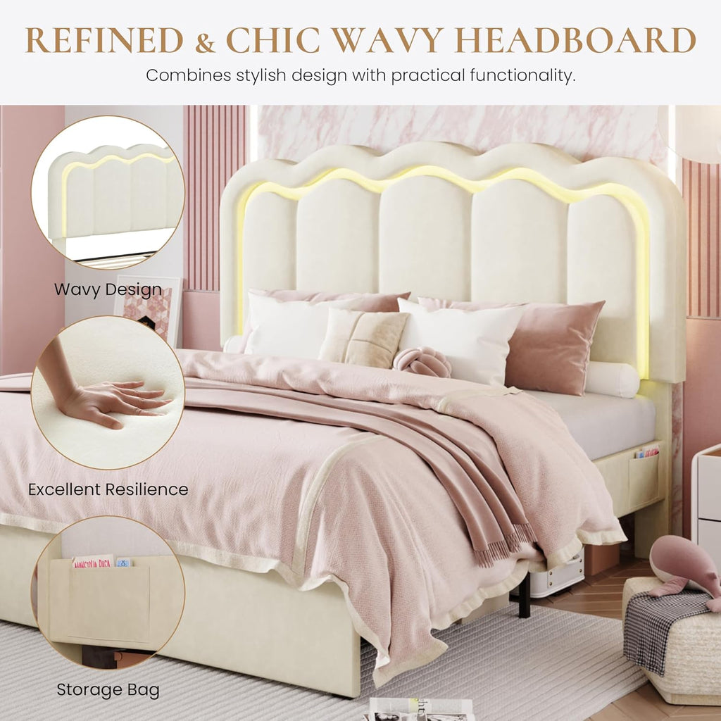 SHA CERLIN Upholstered Full Size Bed Frame with LED Lights and Large Storage Drawer, Velvet Platform Bed with Adjustable Wavy Headboard, Noise Free, Easy Assembly, No Box Spring Needed, Soft Cream