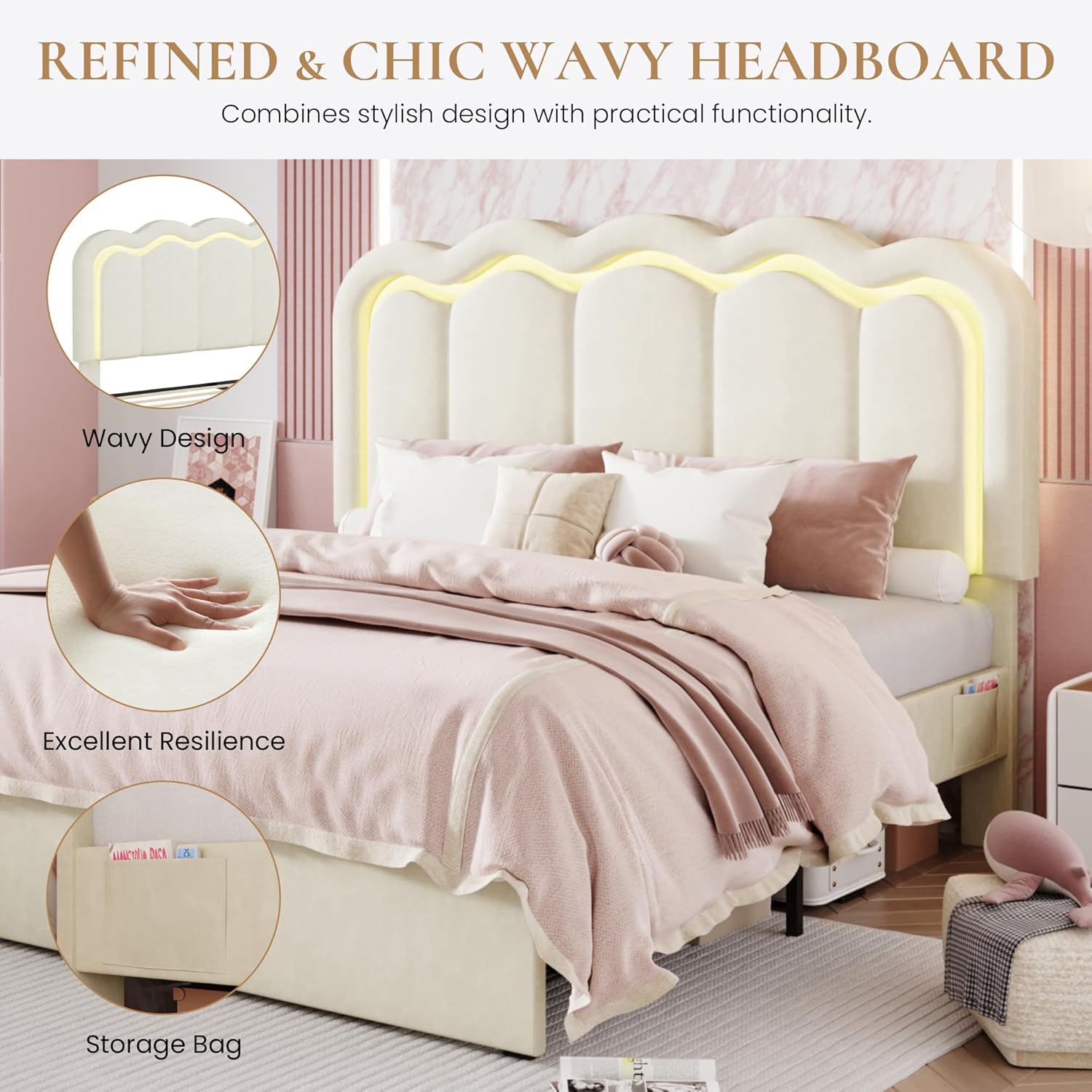 SHA CERLIN Upholstered Full Size Bed Frame with LED Lights and Large Storage Drawer, Velvet Platform Bed with Adjustable Wavy Headboard, Noise Free, Easy Assembly, No Box Spring Needed, Soft Cream
