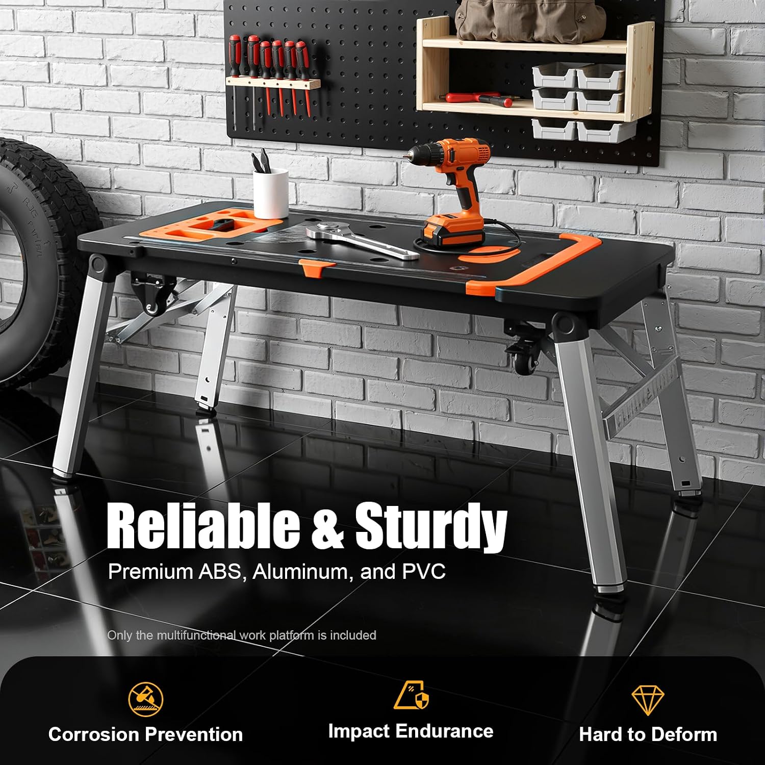 7-in-1 Multifunctional Work Platform Portable Workbench Handcart 551lbs Scaffolding Sawhorse Workbench with Garage Woodworking Adjustable Height Car Creeper Dolly and Hand Truck with 4 Wheels