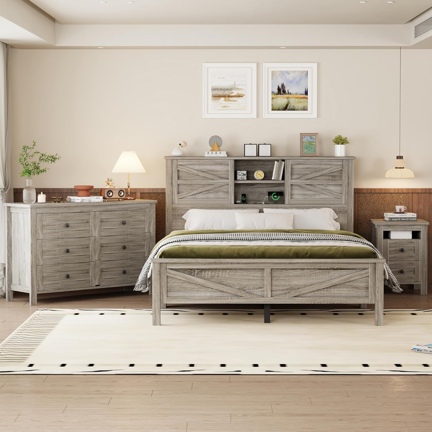 LUMISOL 3-Piece Queen Size Bedroom Set, Rustic Wooden Platform Bed with Storage Headboard & Charging Stations, a Nightstand and Dresser, Queen Size Farmhouse Bedroom Furniture Set, Gray