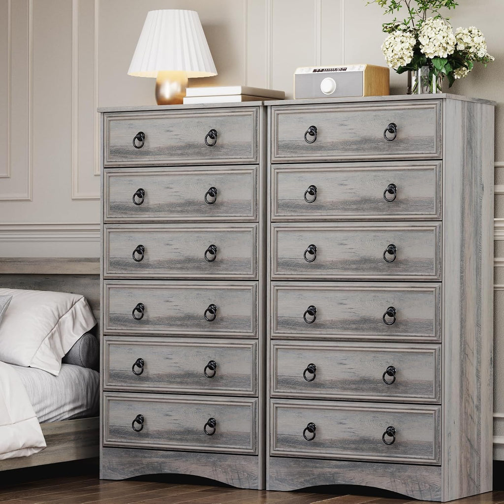 VVFLU 6 Drawer Dresser Tall, 52' Tall Grey Dresser for Bedroom, Chest of Drawers, Large Storage Organizer for Clothes, Grey Vintage, for Living Room, Bedroom, Hallway