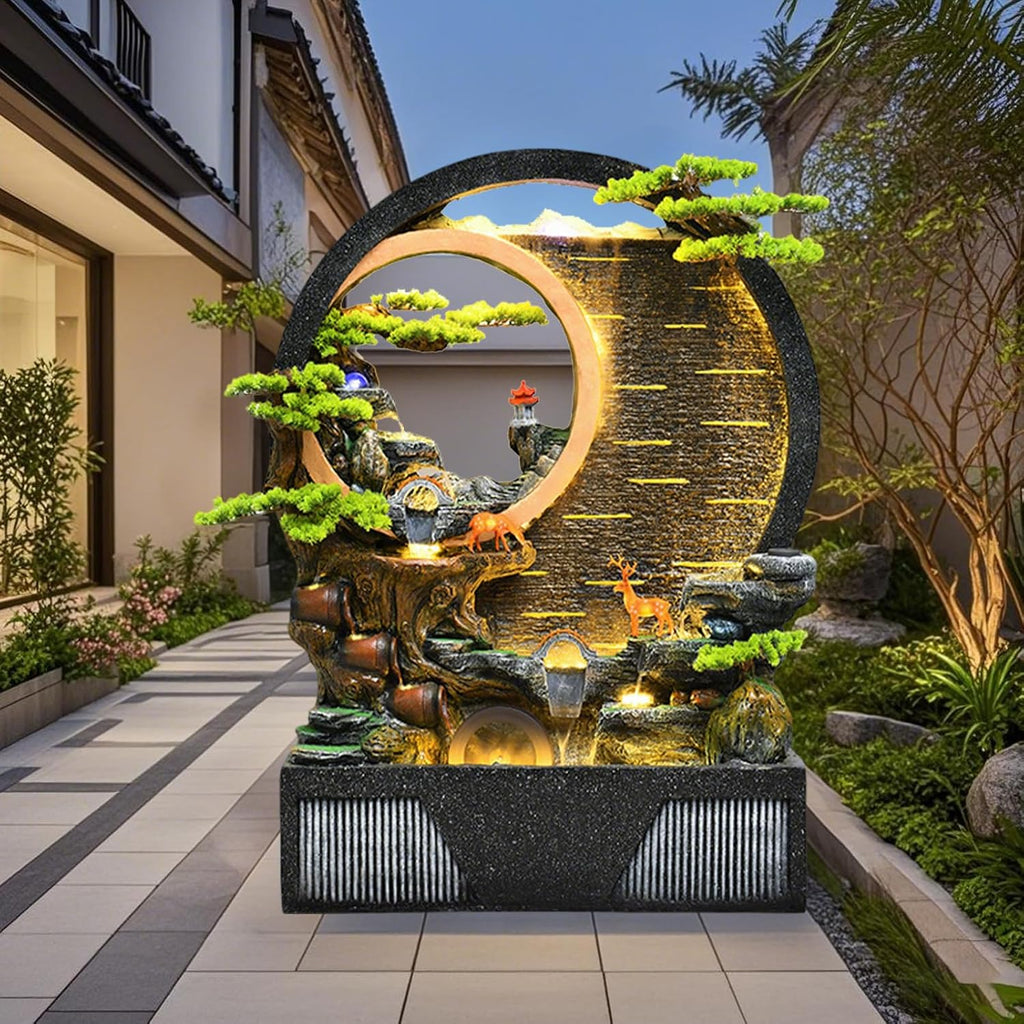 Indoor Outdoor Resin Fountain with LED Light Ring – Round Landscape Waterfall Feature with Pump, Bonsai & Gourd Decor – 6.07ft Tall Large Decorative Water Sculpture(B Small)