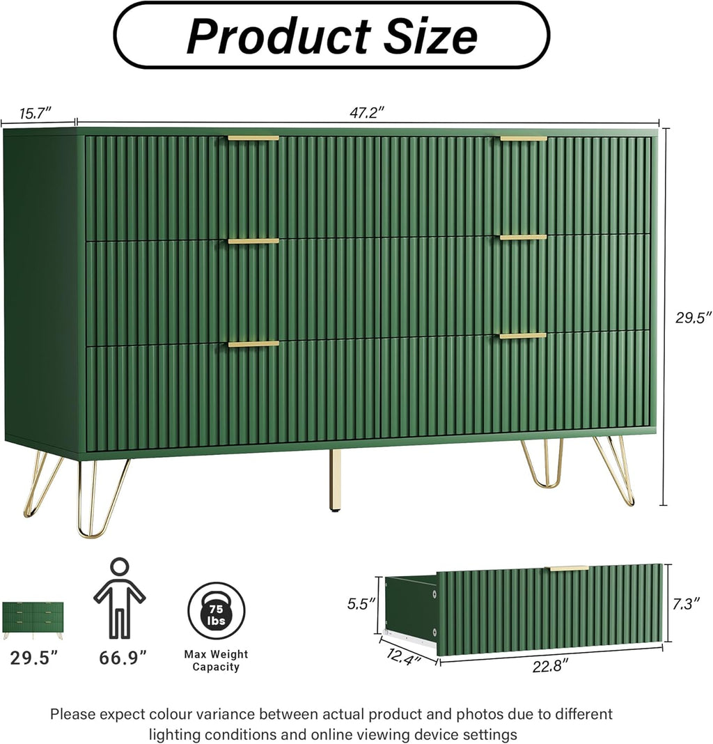 Furniway Green Dresser for Bedroom, Modern Dresser with Gold Metal Handles & Chests of Drawers for Bedroom, 15.7' D x 47.2' W x 29.5' H