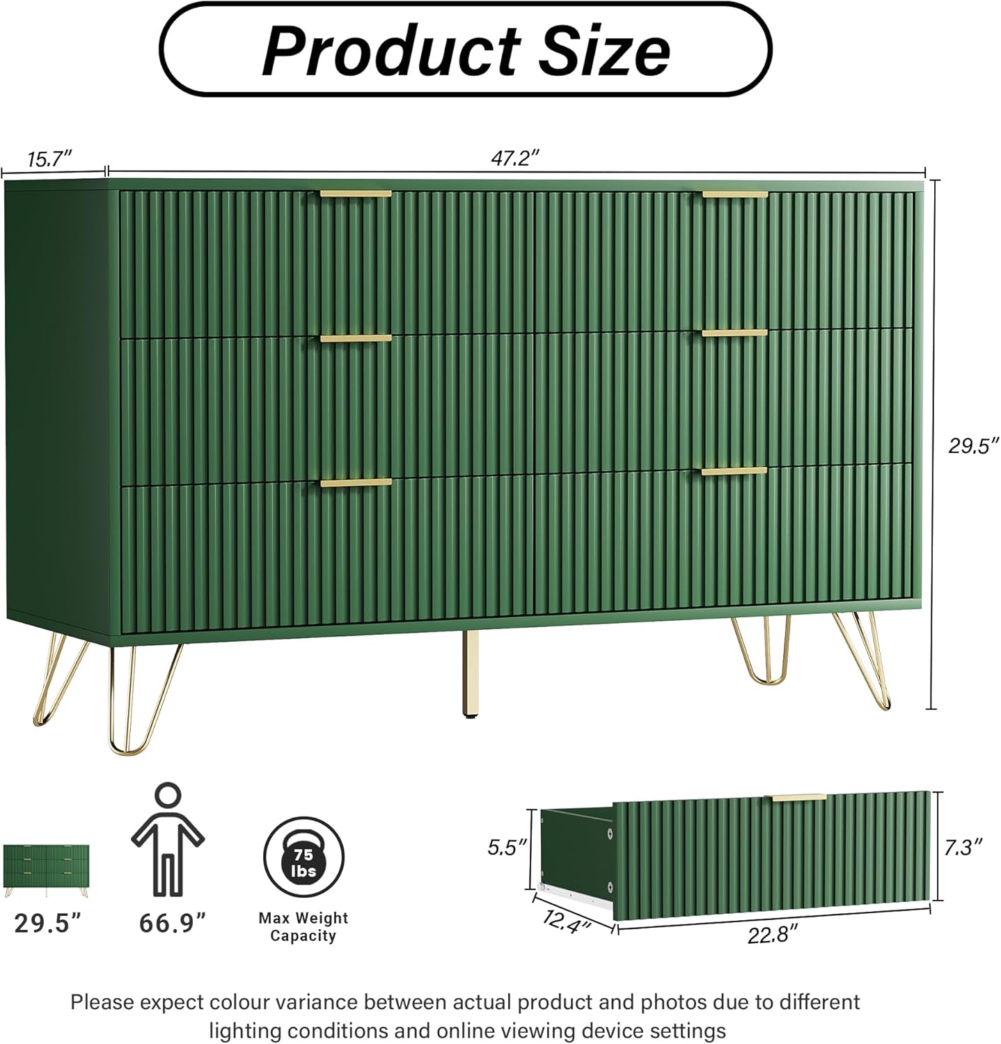 Furniway Green Dresser for Bedroom, Modern Dresser with Gold Metal Handles & Chests of Drawers for Bedroom, 15.7' D x 47.2' W x 29.5' H