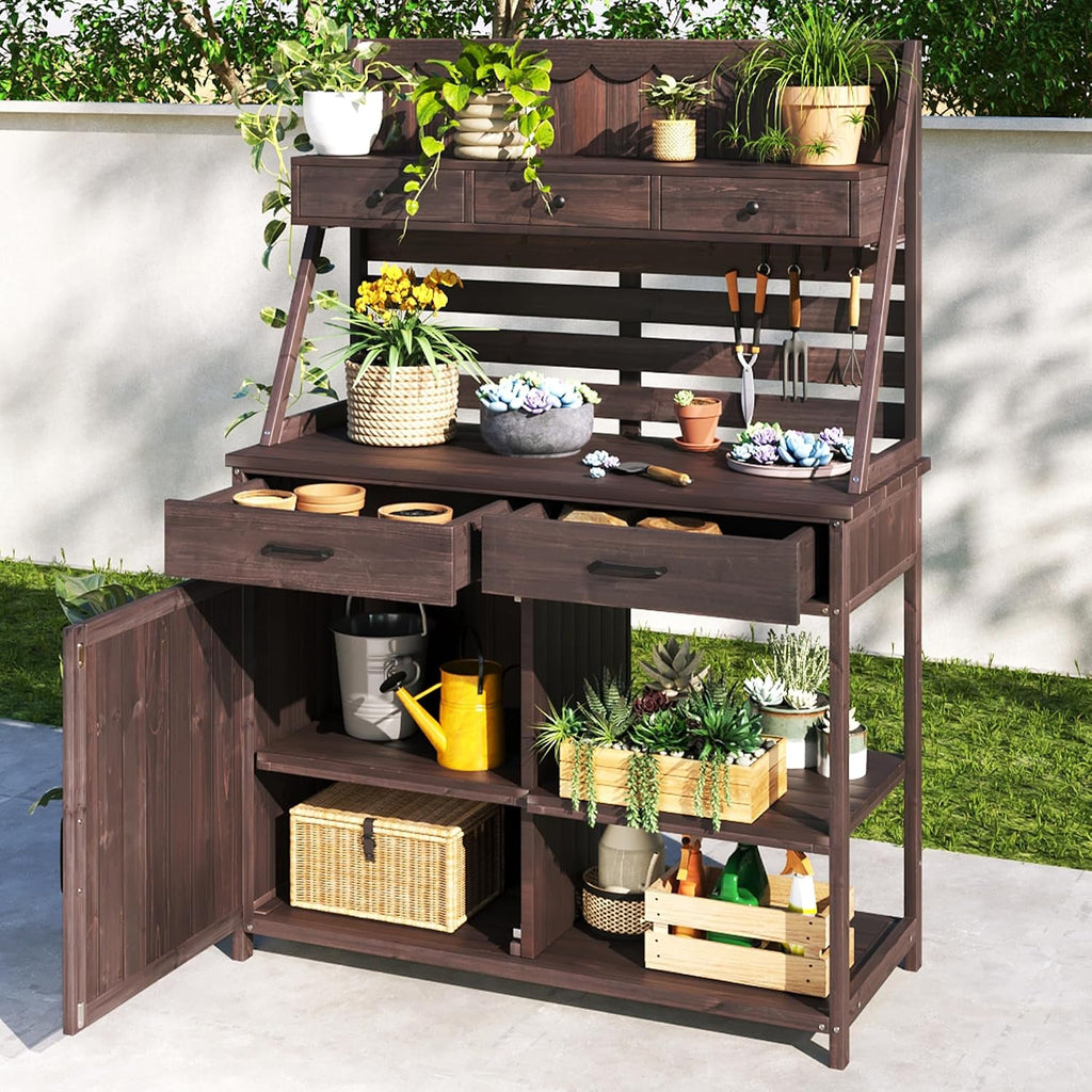 Outdoor Farmhouse Fir Wood Potting Bench Table,5-Drawer Garden Workstation with Slatted Back Panel & Storage Cabinet for Backyard, Mudroom