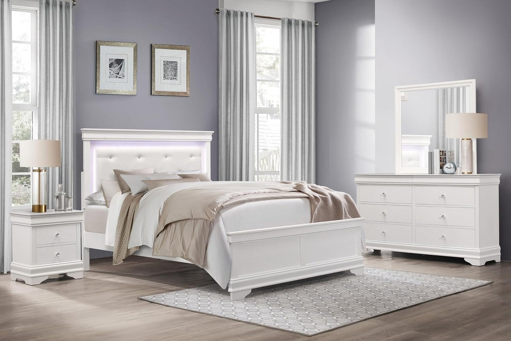 Glam 4 Pieces Set Bedroom Furniture Full Size Tufted LED Light Bed White Finish Alligator Texture Fronts Wooden Traditional Design