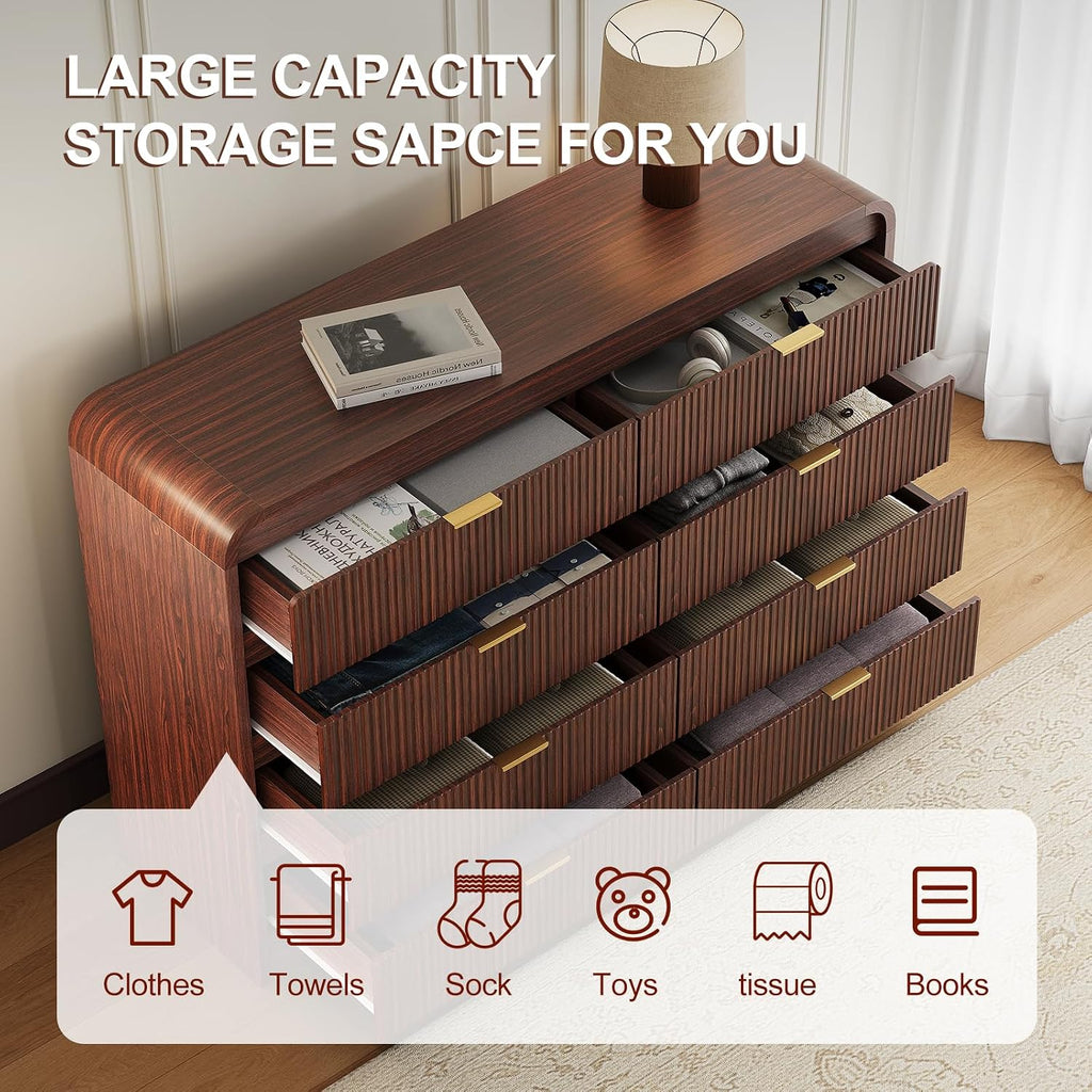 FURSUN Fluted 8 Drawers Dresser for Bedroom, 55' Wide Wooden Dresser with Metal Handle, Curved Profile Design, Modern Storage Organizer for Bedroom, Living Room, Hallway, Dark Walnut