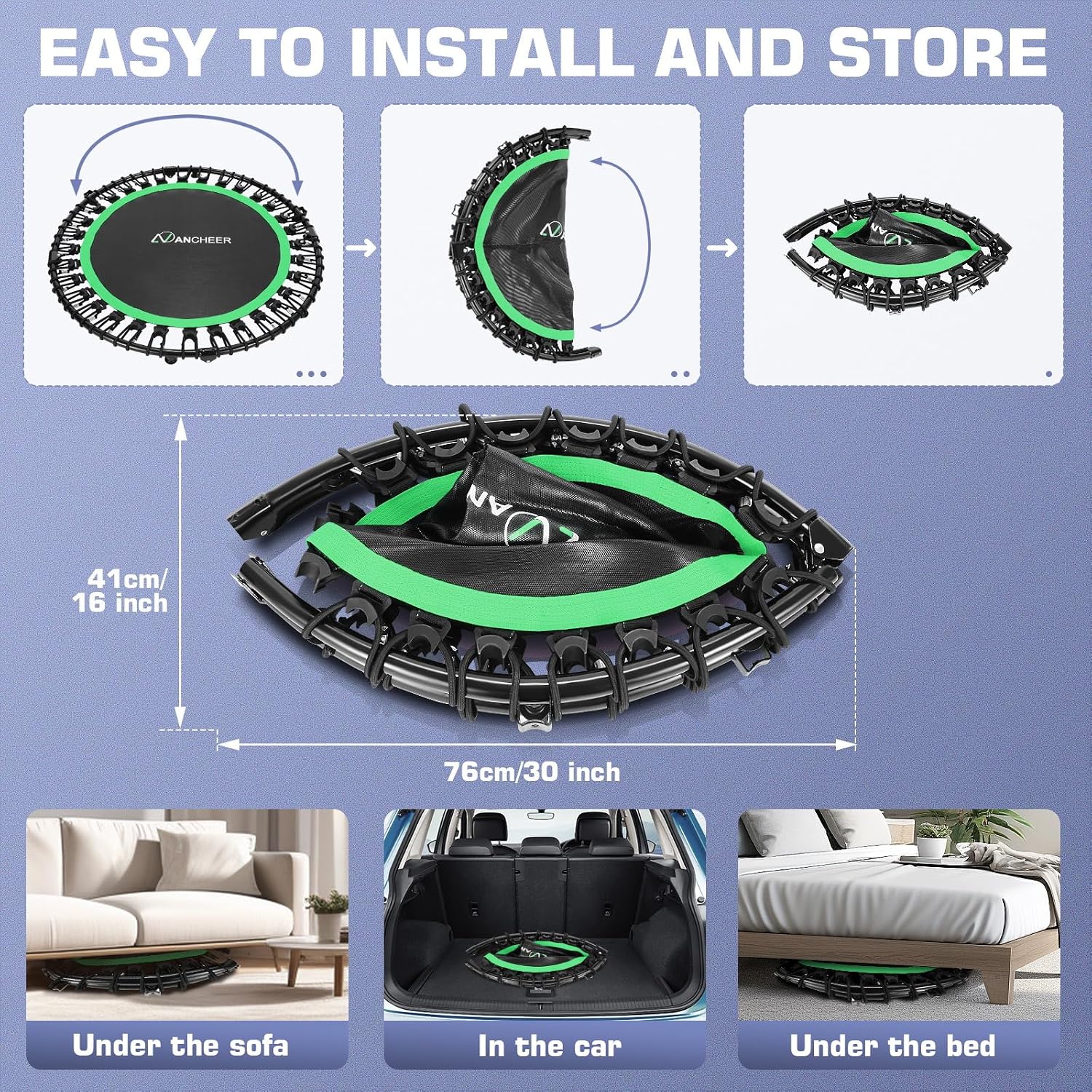 ANCHEER 40'/48' Foldable Mini Trampoline,Max Load 450lbs/550lbs Indoor Trampoline,with 4 Level Adjustable Foam Handle and Resistance Bands,Adult Exercise Trampoline for Home, Garden, and Gym