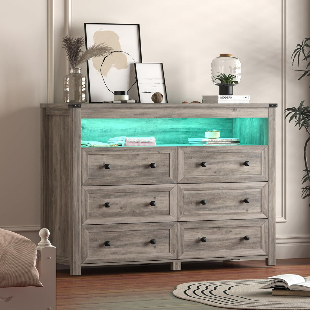 Dresser for Bedroom with 6 Drawers, Wide Chest of Drawers with LED Light and Power Outlet, Wooden Closet Organizer Clothes Storage Cabinet, Modern Double Dressers for Living Room, Hallway, Grey