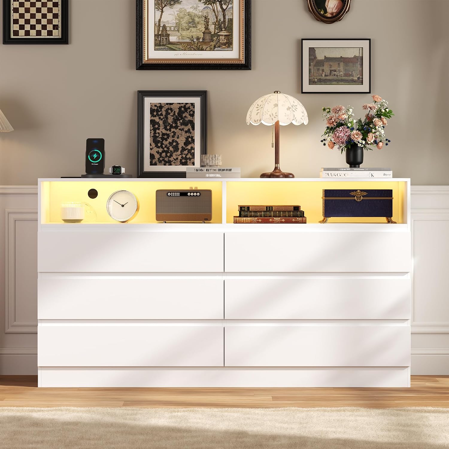 Gyfimoie 6 Drawer Dresser with Power Outlet, Modern White Dresser Chest of Drawers with LED Ligh, Wooden Dressers TV Stand, Double Wide Dressers Organizer for Bedroom, Living Room, Entryway