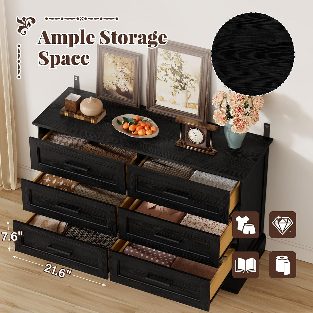 Furmax Farmhouse Dresser for Bedroom, 6 Drawers Dresser, Wood Chest of Drawers, 47.2' Wide Storage Dressers Organizer for Bedroom, Living Room, Dark Black