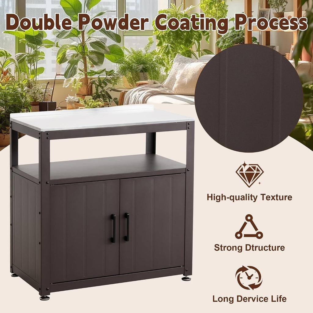 Feasto Heavy-Duty Potting Bench with Storage & Stainless Steel Top | Outdoor Garden Work Table with 200lb Capacity, Adjustable Shelf & Feet, Brown