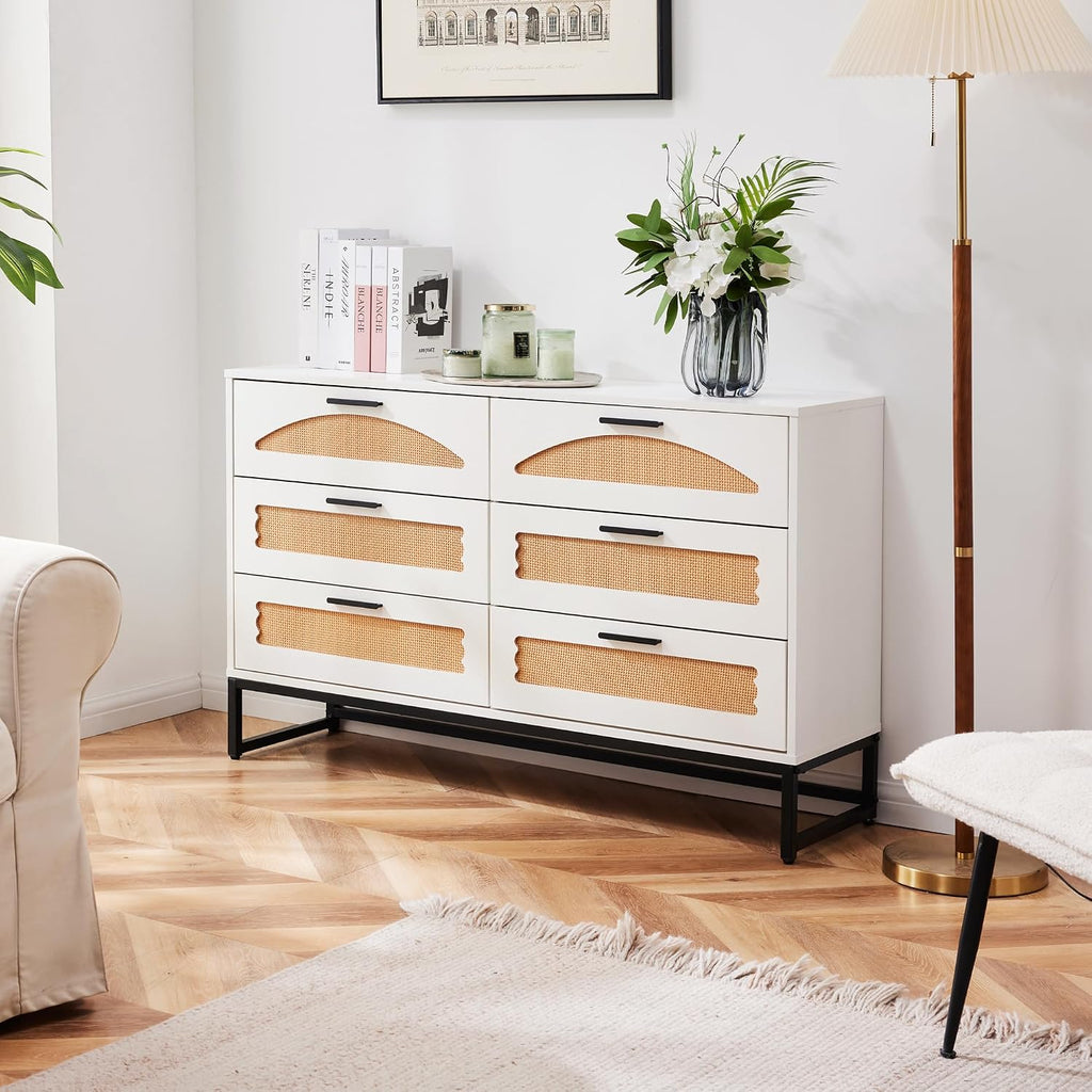 Mericonia 6 Drawer Double Dresser for Bedroom, Rattan Chest of Dressers, Modern Wooden Dresser Chest with Metal Frame for Bedroom, Living Room, Hallway and Entryway, White
