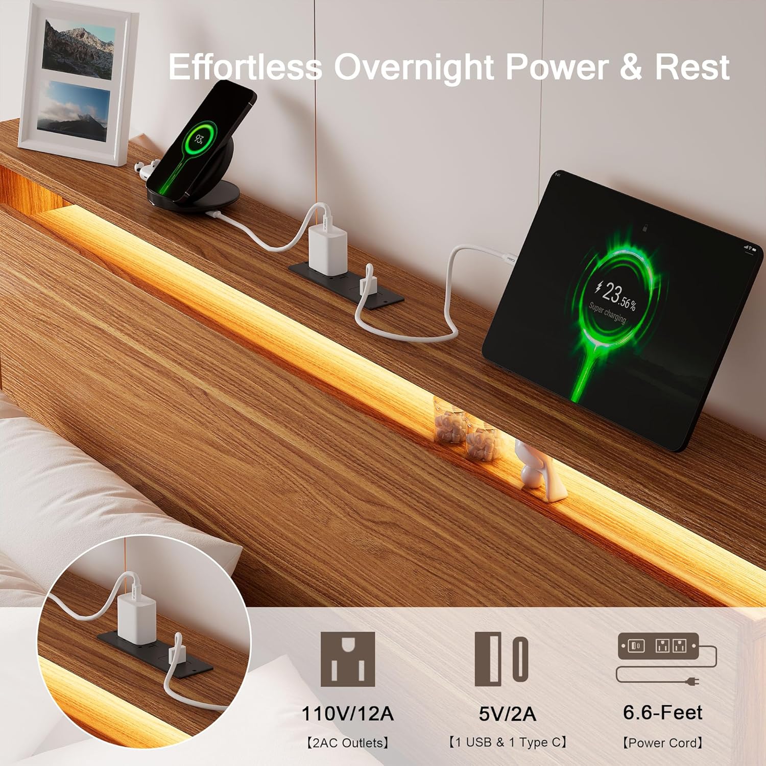 Full Size Bed Frame with LED Lights & Charging Station – Kids Wood Floating Bed Frame with Storage Headboard, Adhesive Slats, Kick-Free & Noise-Free Design, Easy Assembly, Walnut