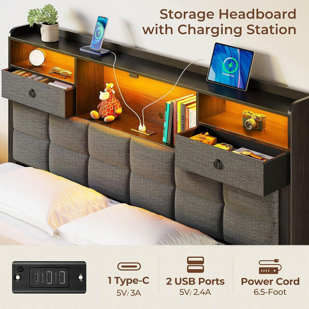 Rolanstar Bed Frame Queen Size with Drawers and Charging Station, Upholstered Platform Bed with Storage Headboard and LED Light, Heavy Duty Metal Frame Support, No Box Spring Needed, Noise Free, Grey