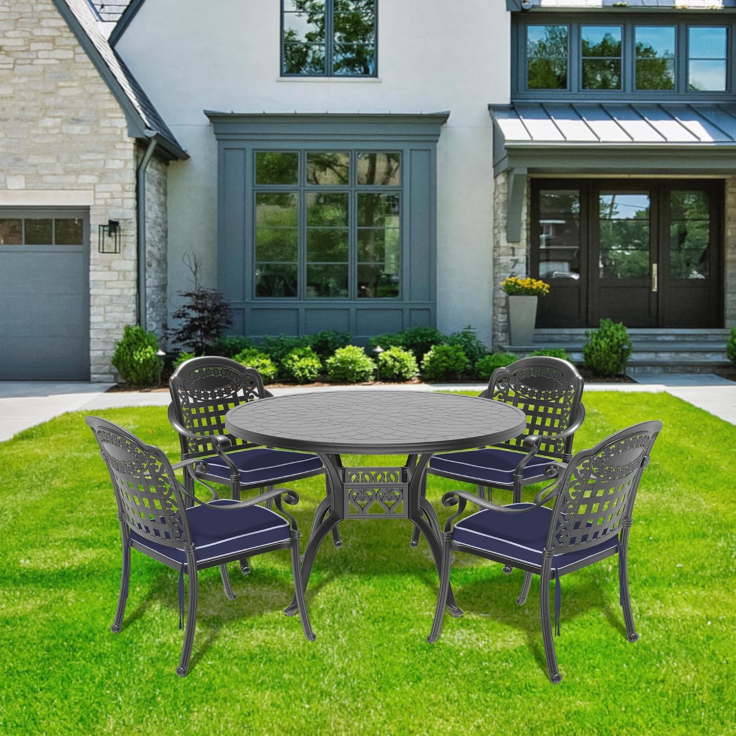 (Cushions in Random Colors) 5-Piece Set of Cast Aluminum Patio Furniture with Cushions