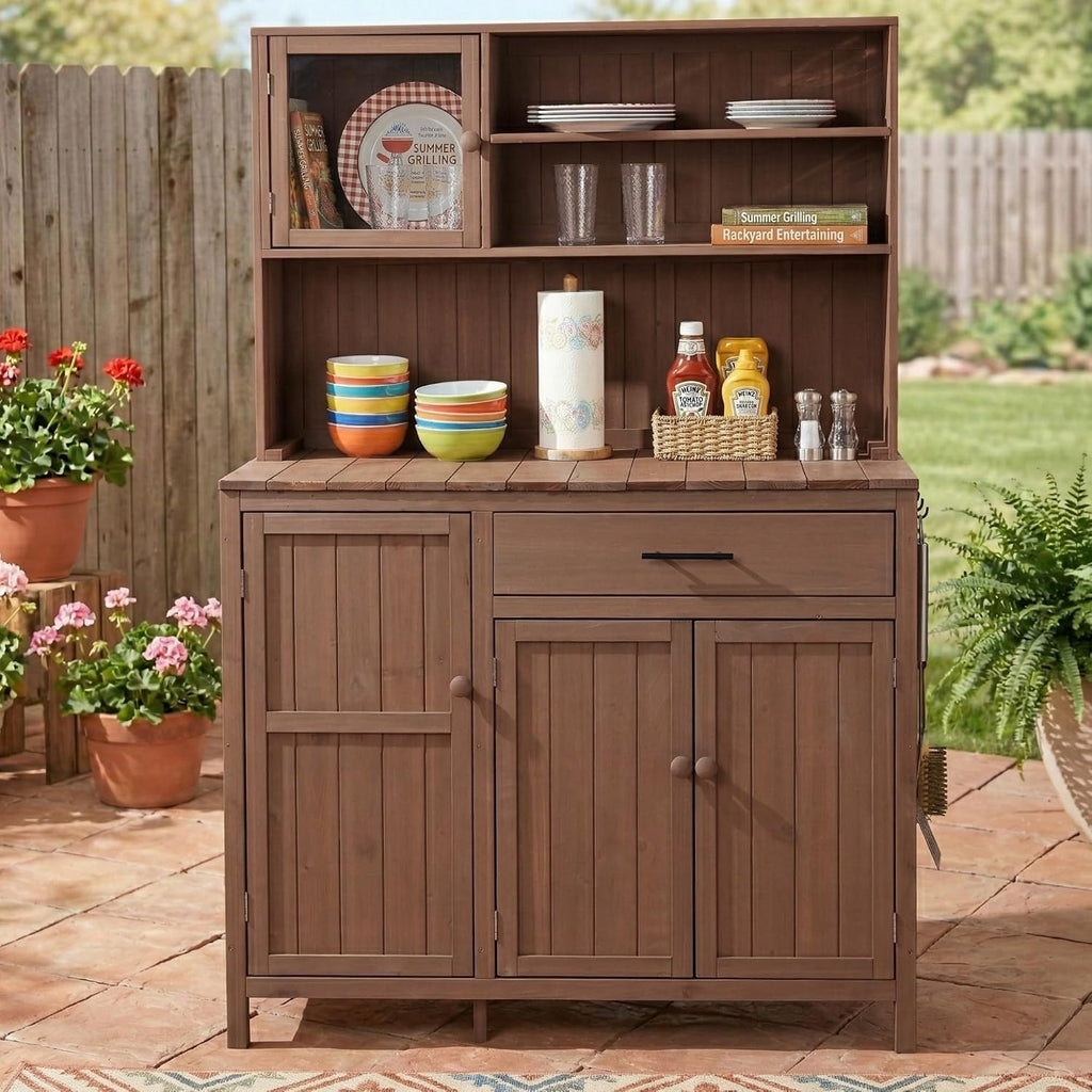 Outdoor Potting Bench Table with Hutch,65' H Solid Fir Wood Garden Workstation, Patio Storage Workstation with Adjustable Shelves, Spice Rack, Side Hook and Drawer, for Mudroom, Doorway (Brown)