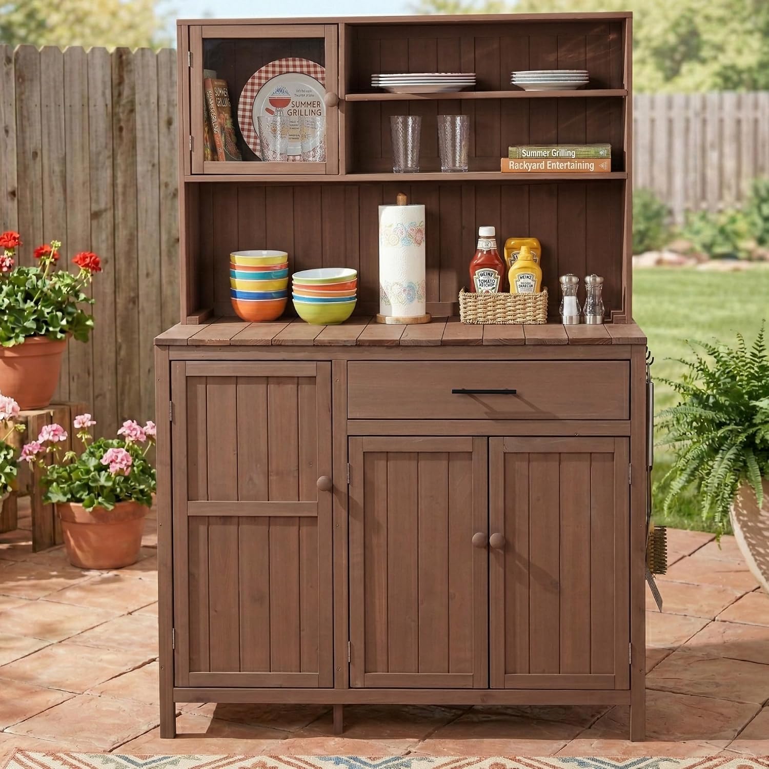Outdoor Potting Bench Table with Hutch,65' H Solid Fir Wood Garden Workstation, Patio Storage Workstation with Adjustable Shelves, Spice Rack, Side Hook and Drawer, for Mudroom, Doorway (Brown)